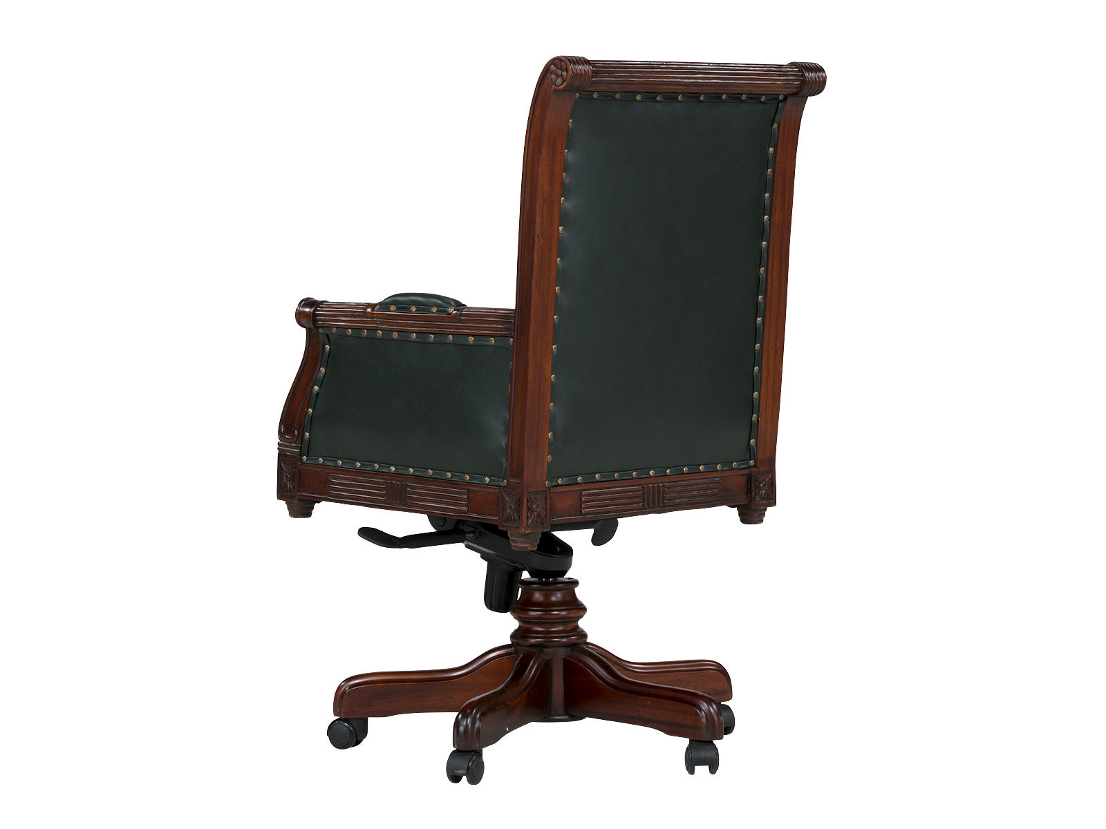 Freisteller 45°-Rückansicht des Bürosessels Cambridge in grünem Echtleder mit lackiertem Mahagonirahmen Freisteller 45°-Rückansicht des Bürosessels Cambridge in grünem Echtleder mit lackiertem Mahagonirahmen