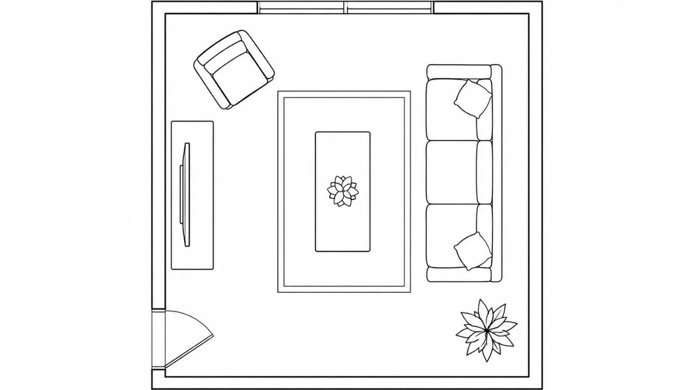 Wohnzimmer-Grundriss mit wenigen sinnvoll angeordneten Möbeln und freien Bewegungsflächen