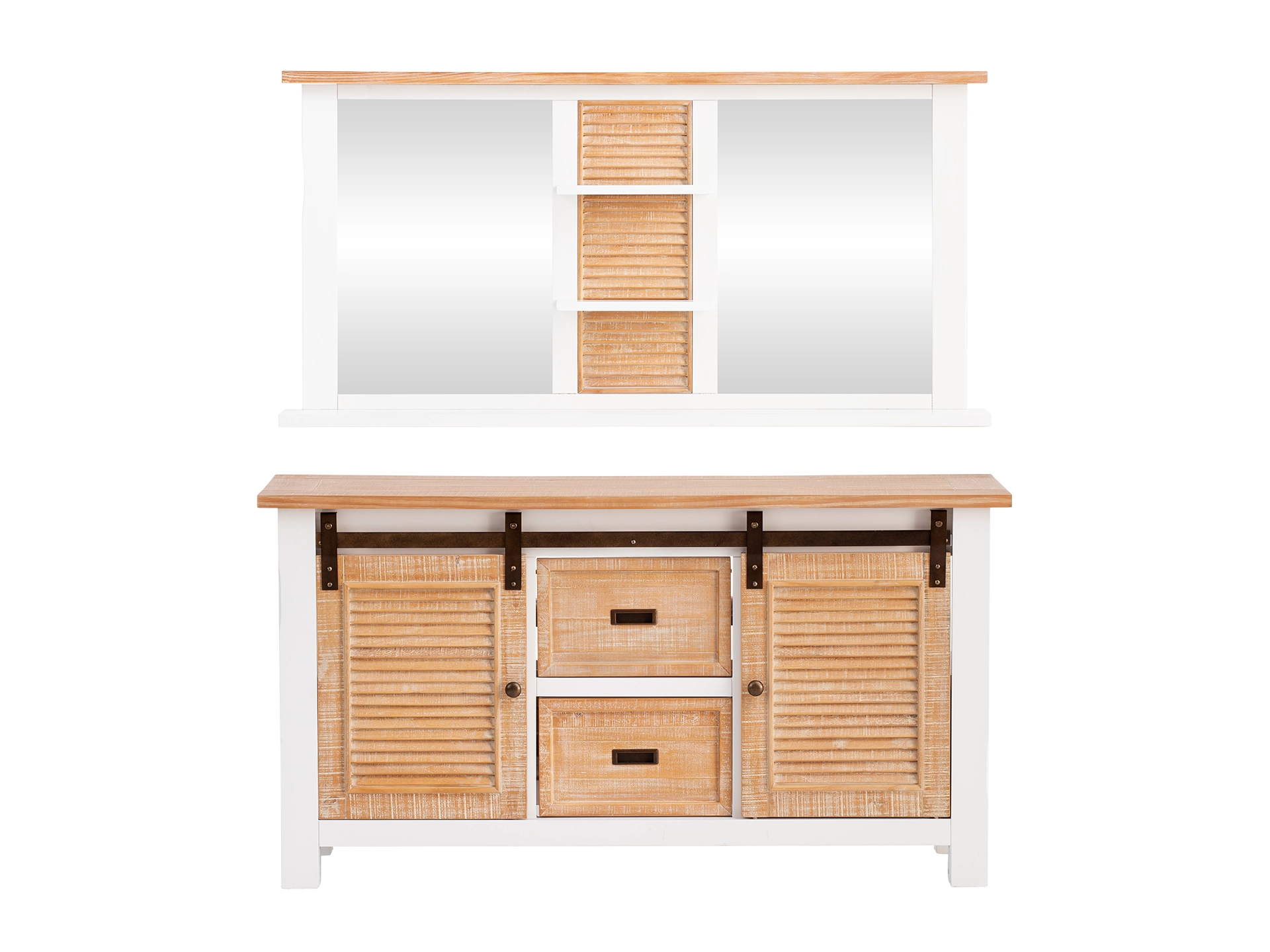 Modernes Badmöbel-Set mit Holzfronten, Aufsatzwaschbecken und Spiegel in heller, minimalistischer Optik