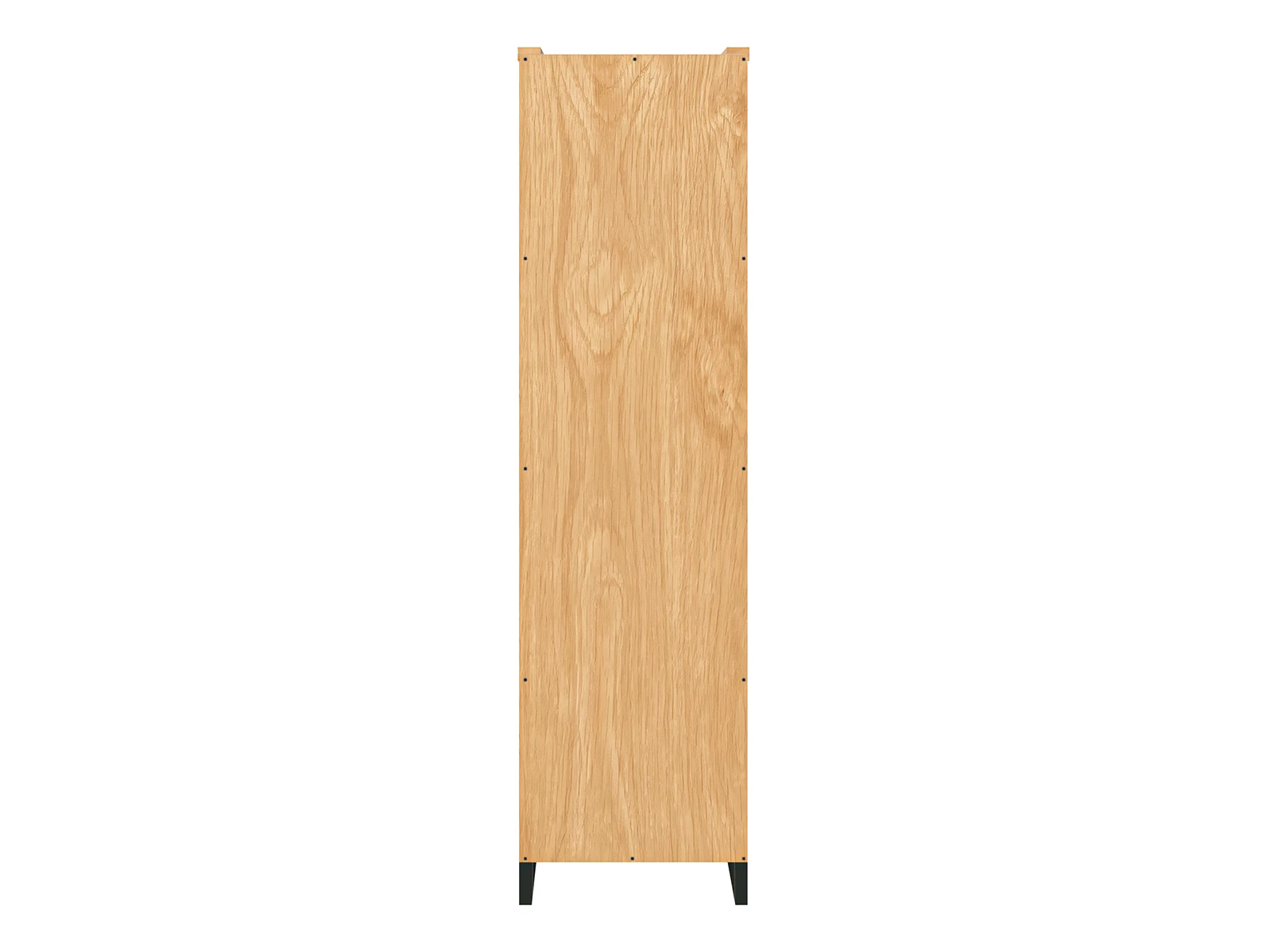 Vitrine Sydney Wildeiche, Rückansicht als freigestelltes Detailbild, geölte Holzfläche auf schwarzer Metall-Fußstütze Vitrine Sydney Wildeiche, Rückansicht als freigestelltes Detailbild, geölte Holzfläche auf schwarzer Metall-Fußstütze