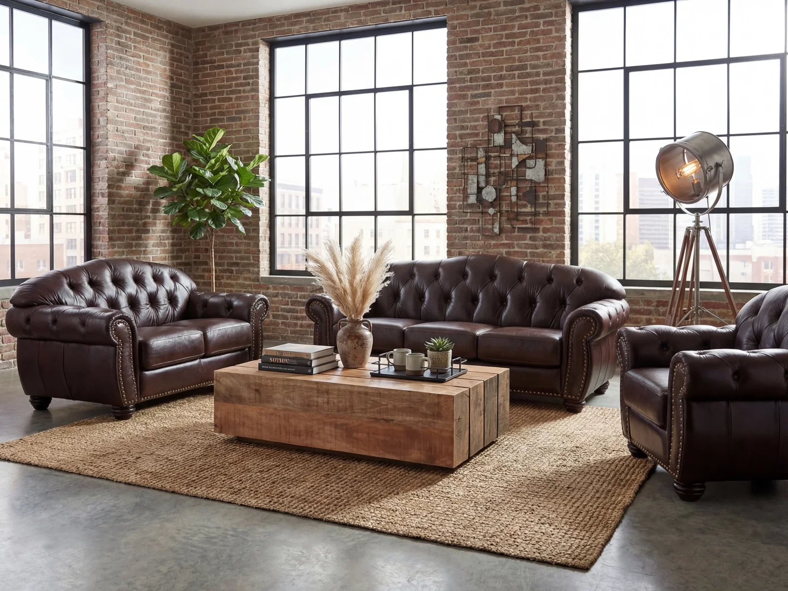 Braune Ledergarnitur im Wohnambiente, moderne Couch mit passendem Sessel vor heller Wand, warmes Licht, gemütlicher Einrichtungsstil