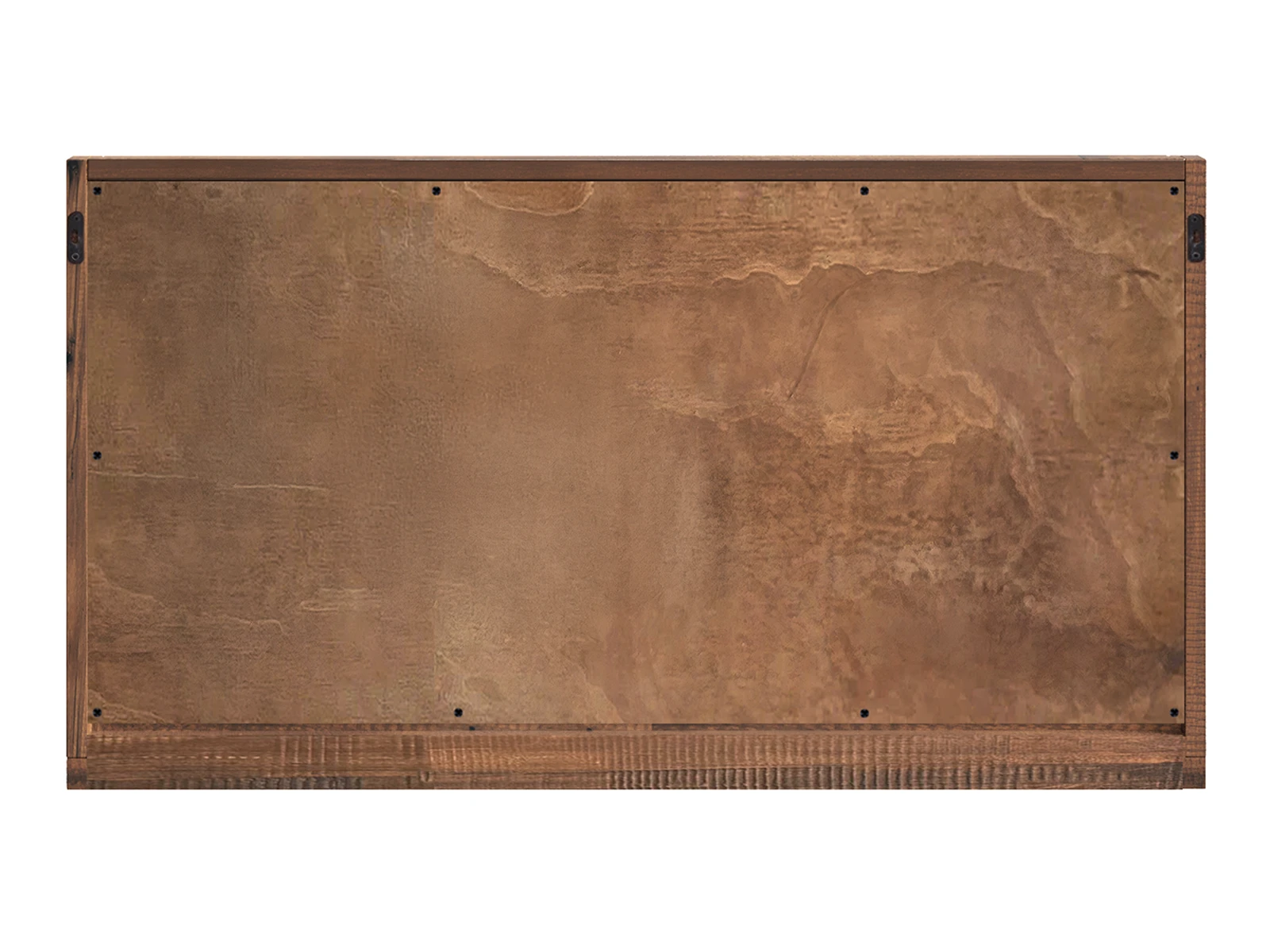 Spiegel Sydney 105×60 cm, Rechteck, Rückansicht Freisteller, brauner Pinie-Rahmen, Aufhängehaken sichtbar Badset Sydney 2tlg. klein Pinie dunkel: Detailfoto der freigestellten, lackierten Rückansicht aus Pinienholz in Dunkelbraun
