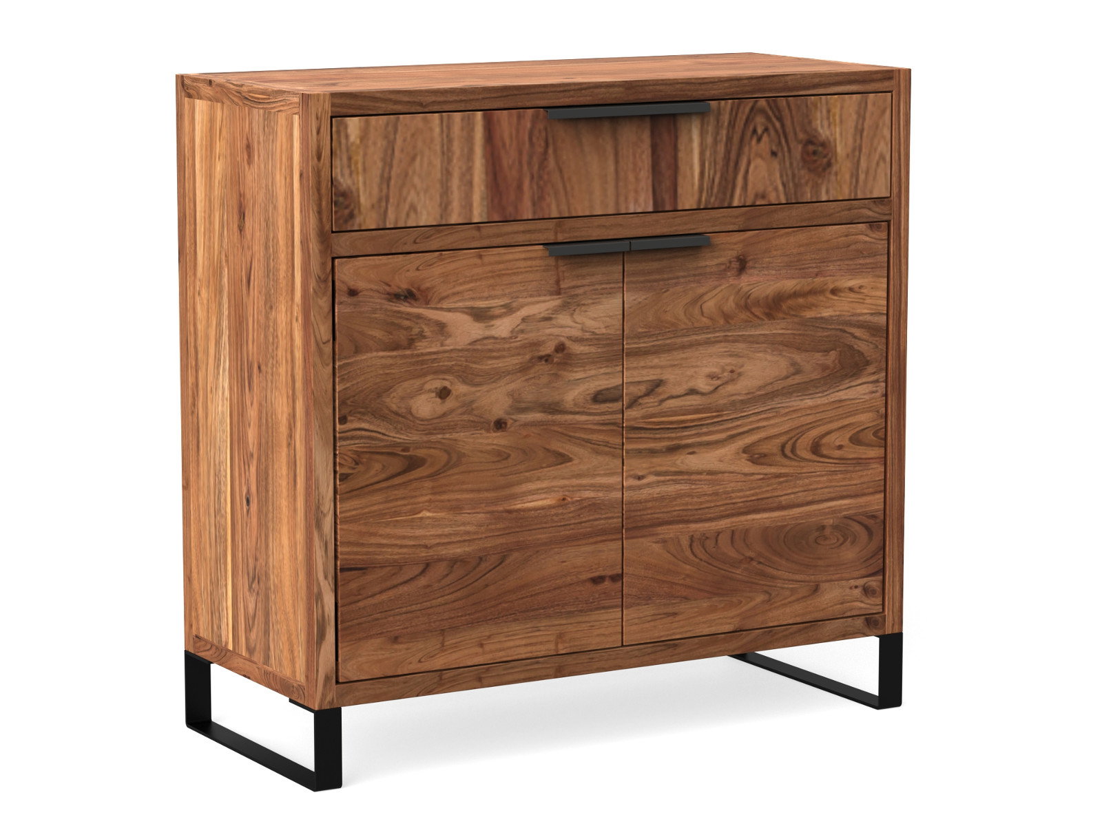 45°-Freisteller: Flurmöbel-Set Sydney Sideboard aus hellbrauner Akazie mit Schublade, Doppeltüren, schwarzen Metallbeinen