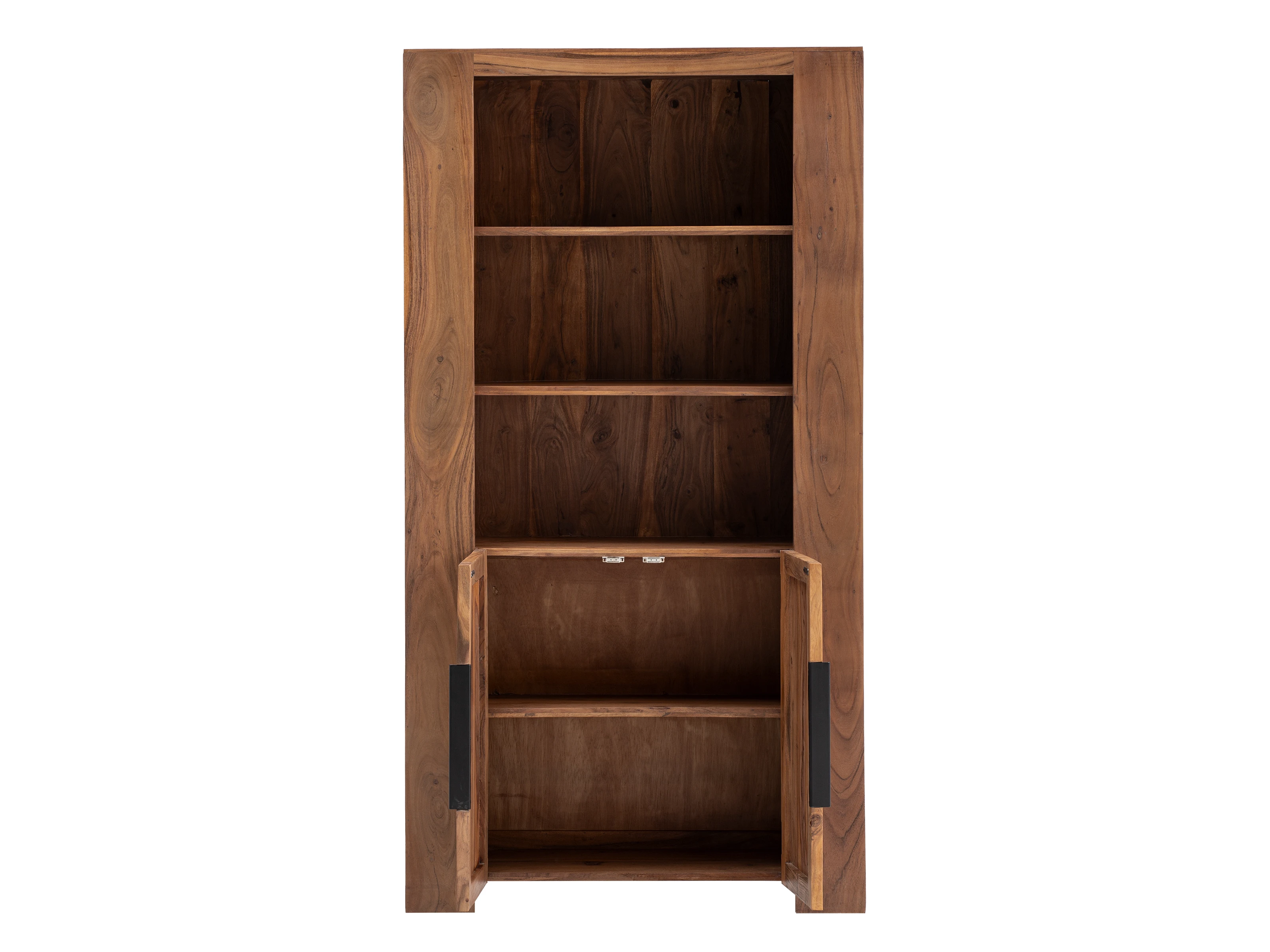 Bücherregal Osbon Freisteller Frontansicht geöffnet: 100×190×40?cm, lackiertes Akazienholz braun, 3 offene Fächer, 2 Türen. Bücherregal Osbon Freisteller Frontansicht geöffnet: 100×190×40?cm, lackiertes Akazienholz braun, 3 offene Fächer, 2 Türen.