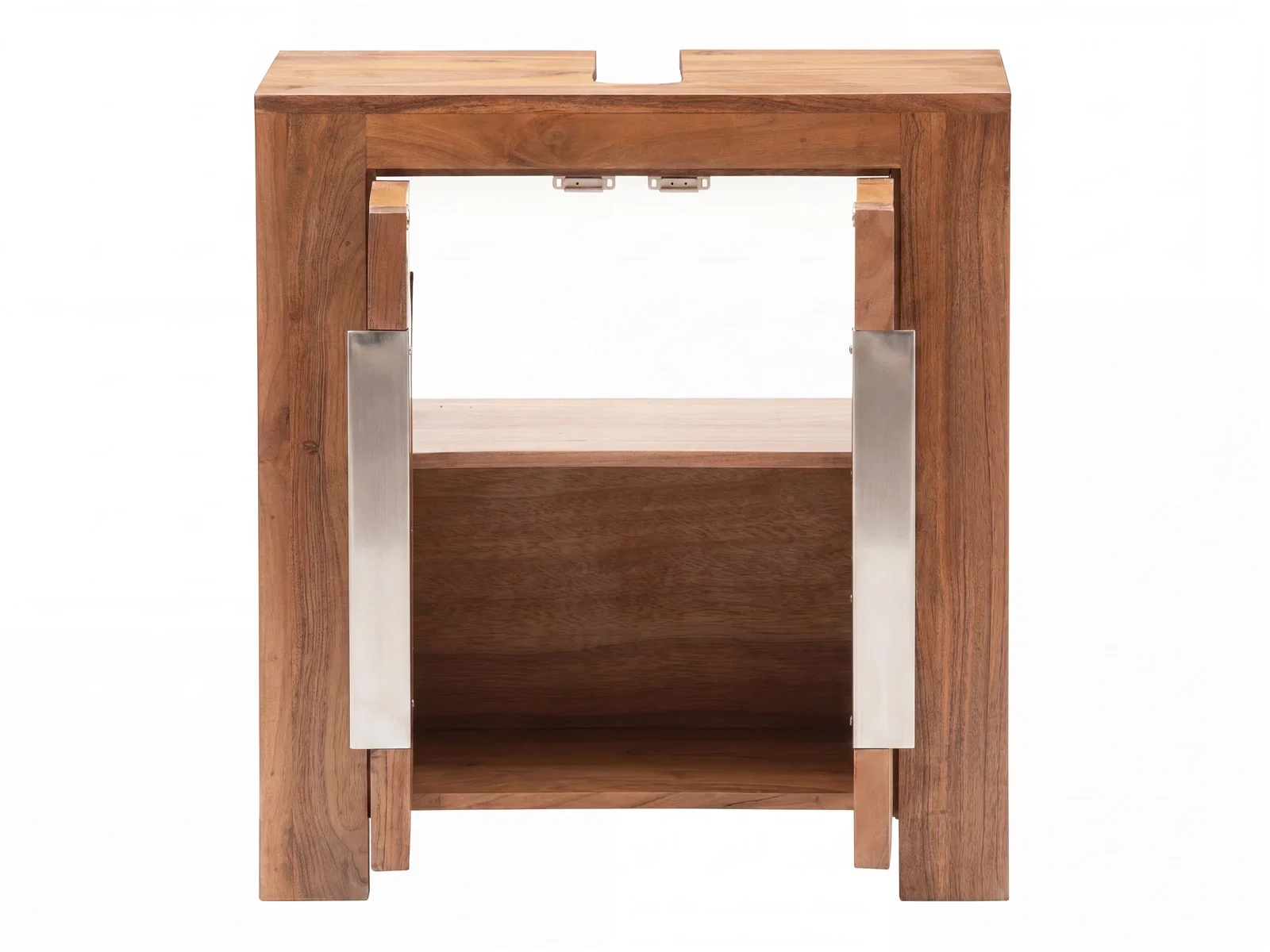 Badset Osbon aus Akazie, Frontansicht geöffnet als Freisteller, braunes Holz mit silbernen Metallgriffen, detailreiche Produktansicht