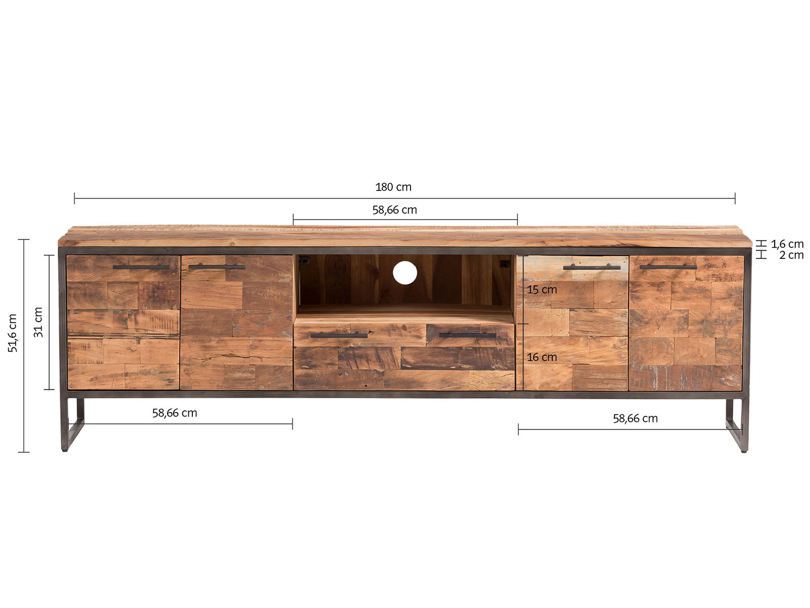 Freisteller Frontansicht TV-Board Bristol (180×52×38 cm) aus braunem Altholz mit 4 Türen, 1 Schublade, offenem Fach.