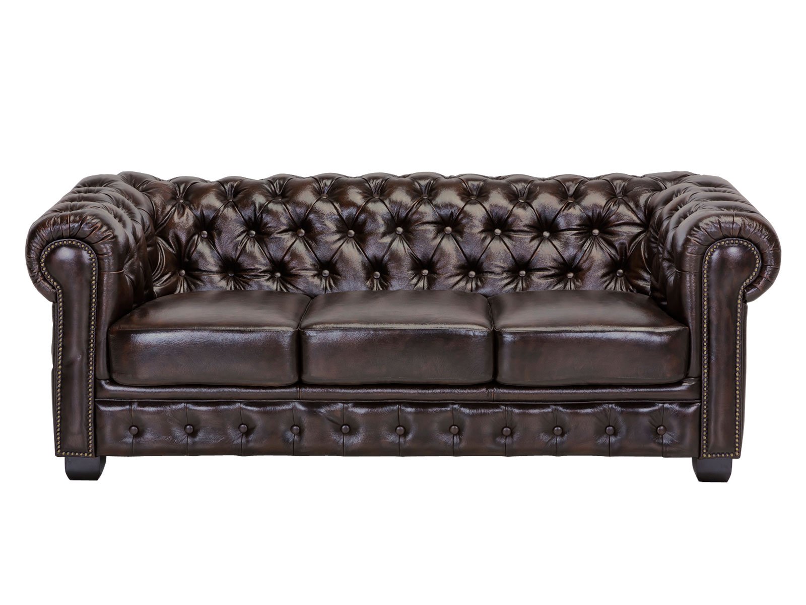 Sofa Chesterfield 3-Sitzer Echtleder braun 200x72x90 Frontansicht