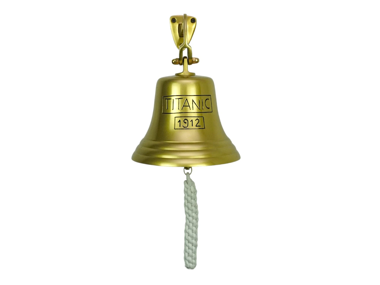 Freisteller Thekenglocke Max Messing Frontansicht: glänzende Metallglocke Ø 18 cm, Höhe 26 cm mit „Titanic 1912“-Prägung