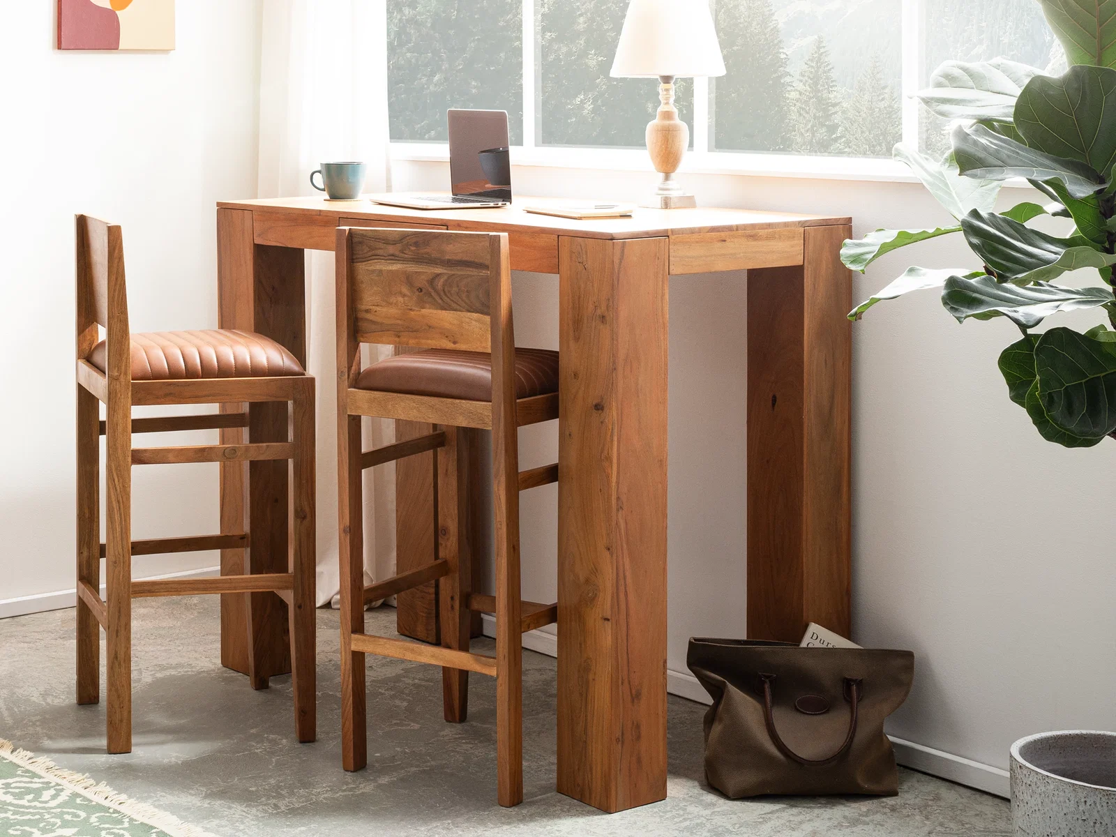 Osbon Bartisch aus massiver Holzplatte und schwarzem Metallgestell, hoher Bartisch im industriellen Stil, warmes Holzfinish für Bar oder Küche
