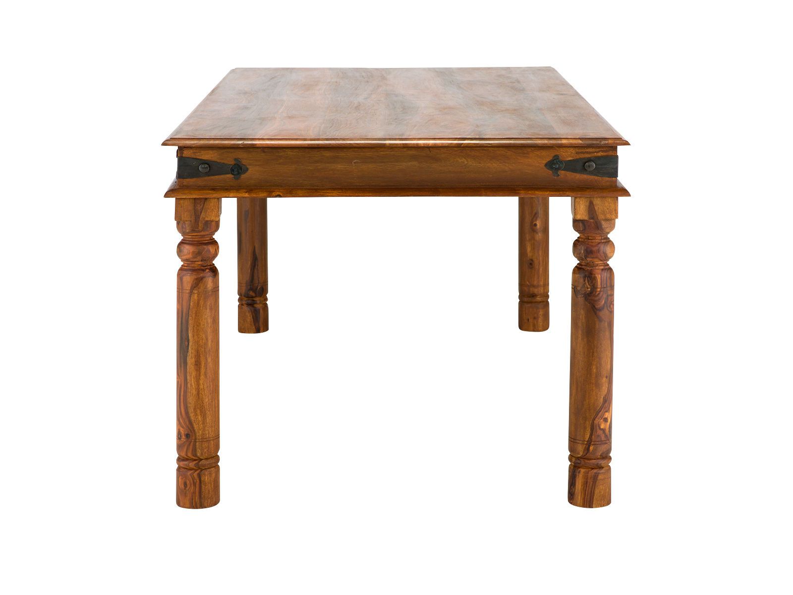Freisteller Frontansicht: massiver Esstisch Merlino 148x90x75 cm aus lackierter Akazie, rechteckiges braunes Holzdesign
