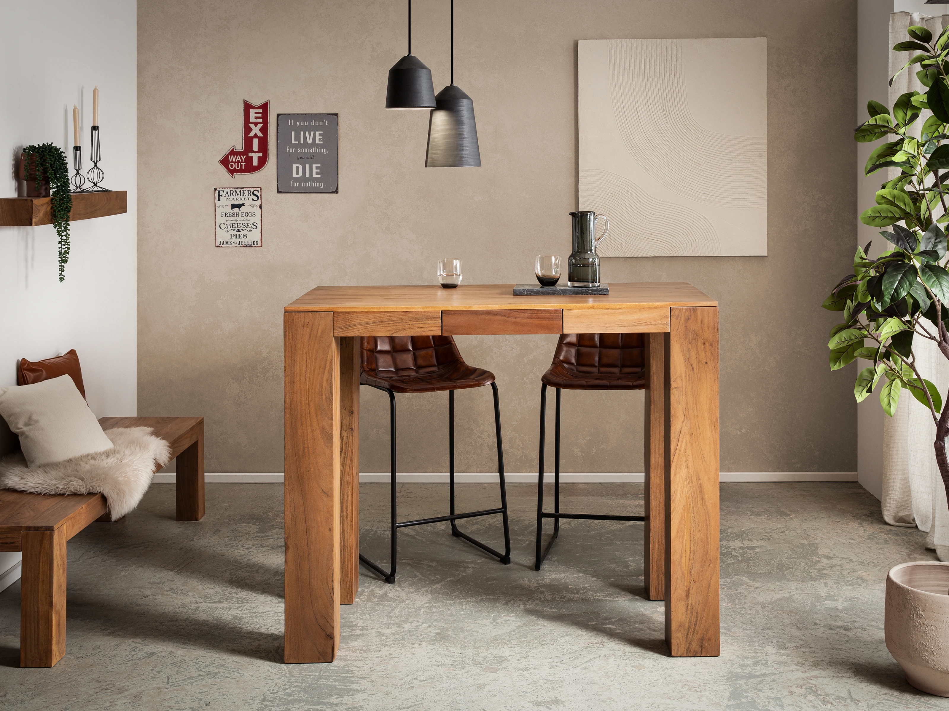 Bartisch Osbon, Frontansicht als Wohnbeispiel: lackierter Akazie-Bar (135×115×70 cm) in Braun Bartisch Osbon, Frontansicht als Wohnbeispiel: lackierter Akazie-Bar (135×115×70 cm) in Braun