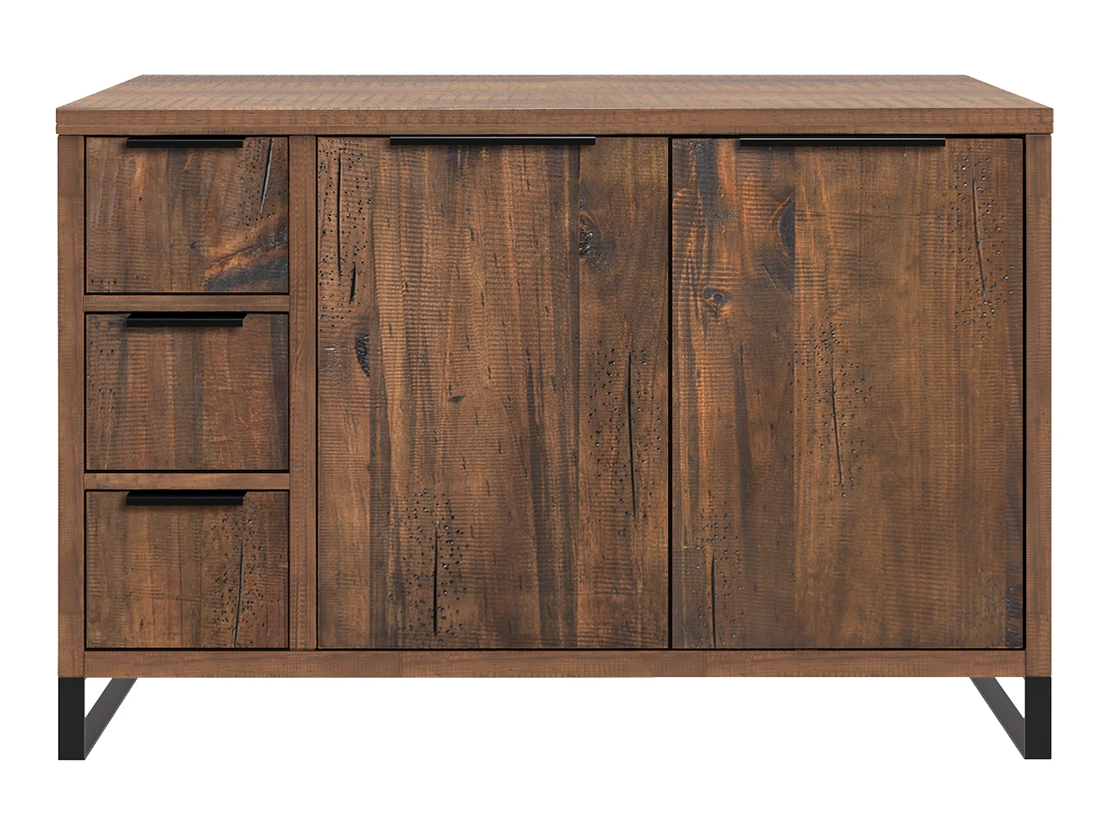 Waschtisch Sydney Pinie 105cm Freisteller-Frontansicht: Badset ‘Sydney klein’, lackierte Pinie in Dunkelbraun mit 3 Schubladen & 2 Türen auf Metallgestell.