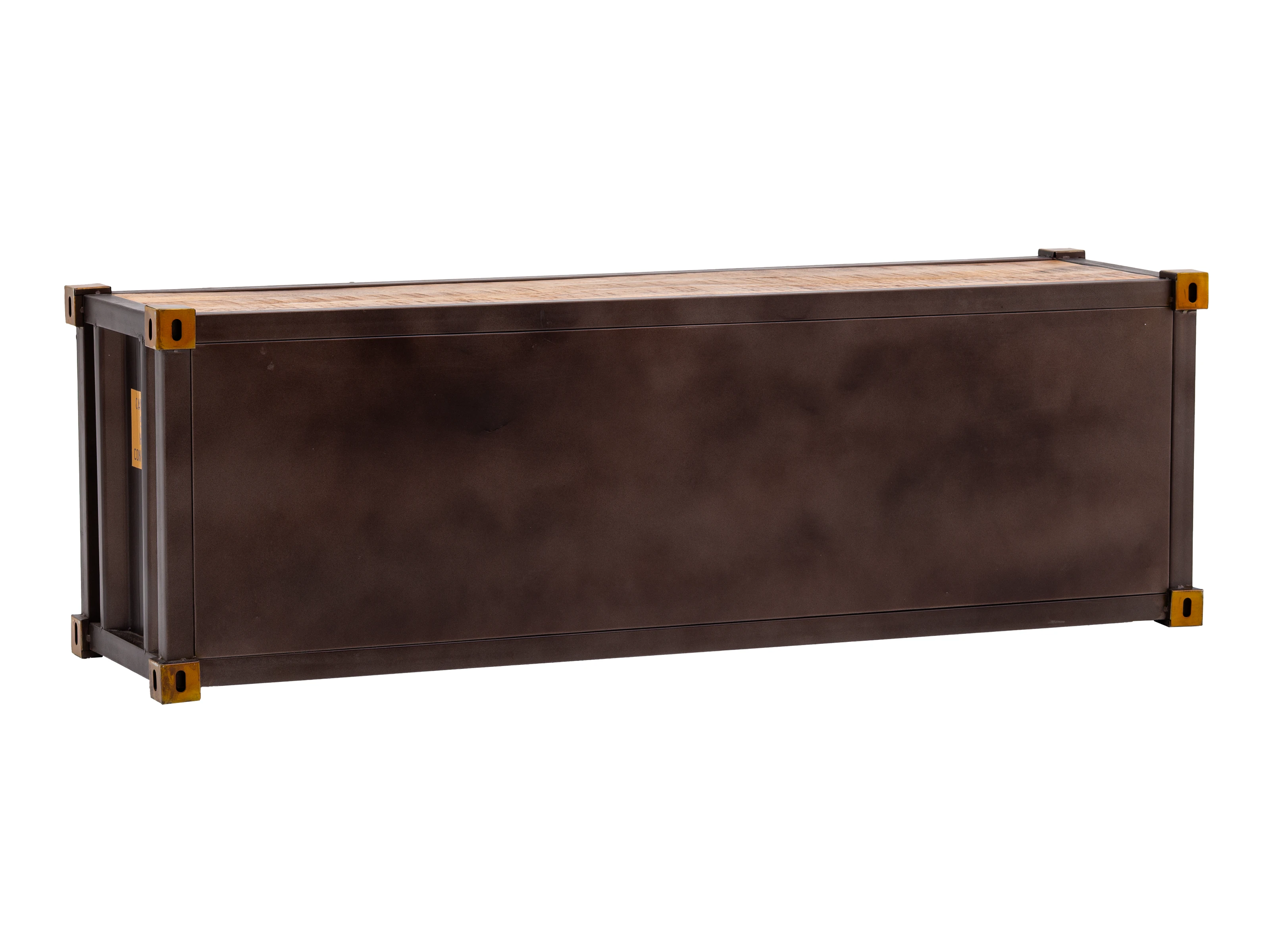 Freisteller Frontansicht TV-Bank Cargon aus braun lackiertem Mangoholz und Metall, 152×50×41 cm, 2 Türen, 2 offene Fächer