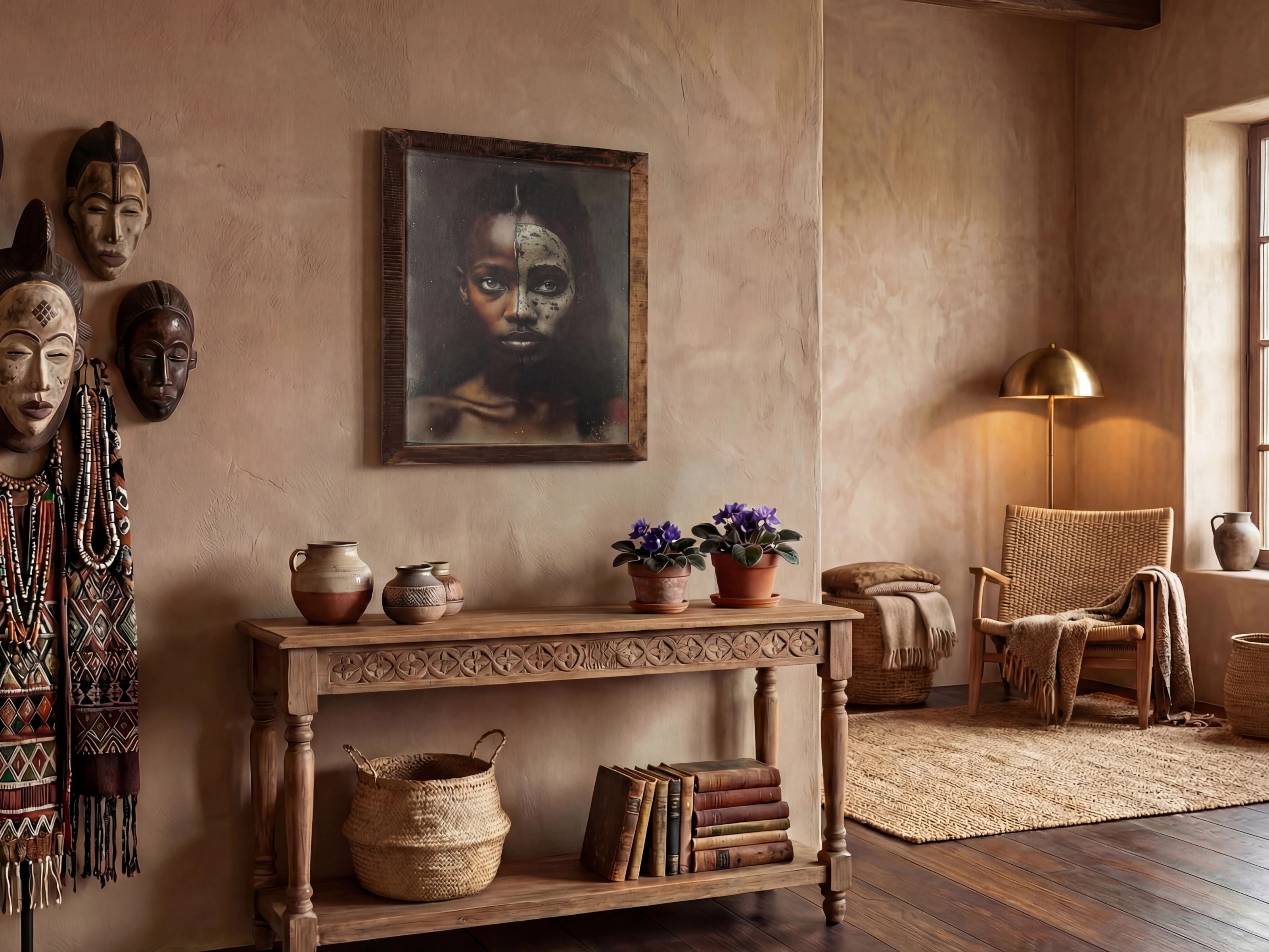 Wohnbeispiel: Canvas Wandbild „Duality“ 70×90 cm Altholz, rechteckig, Frontansicht über rustikalem Konsolentisch