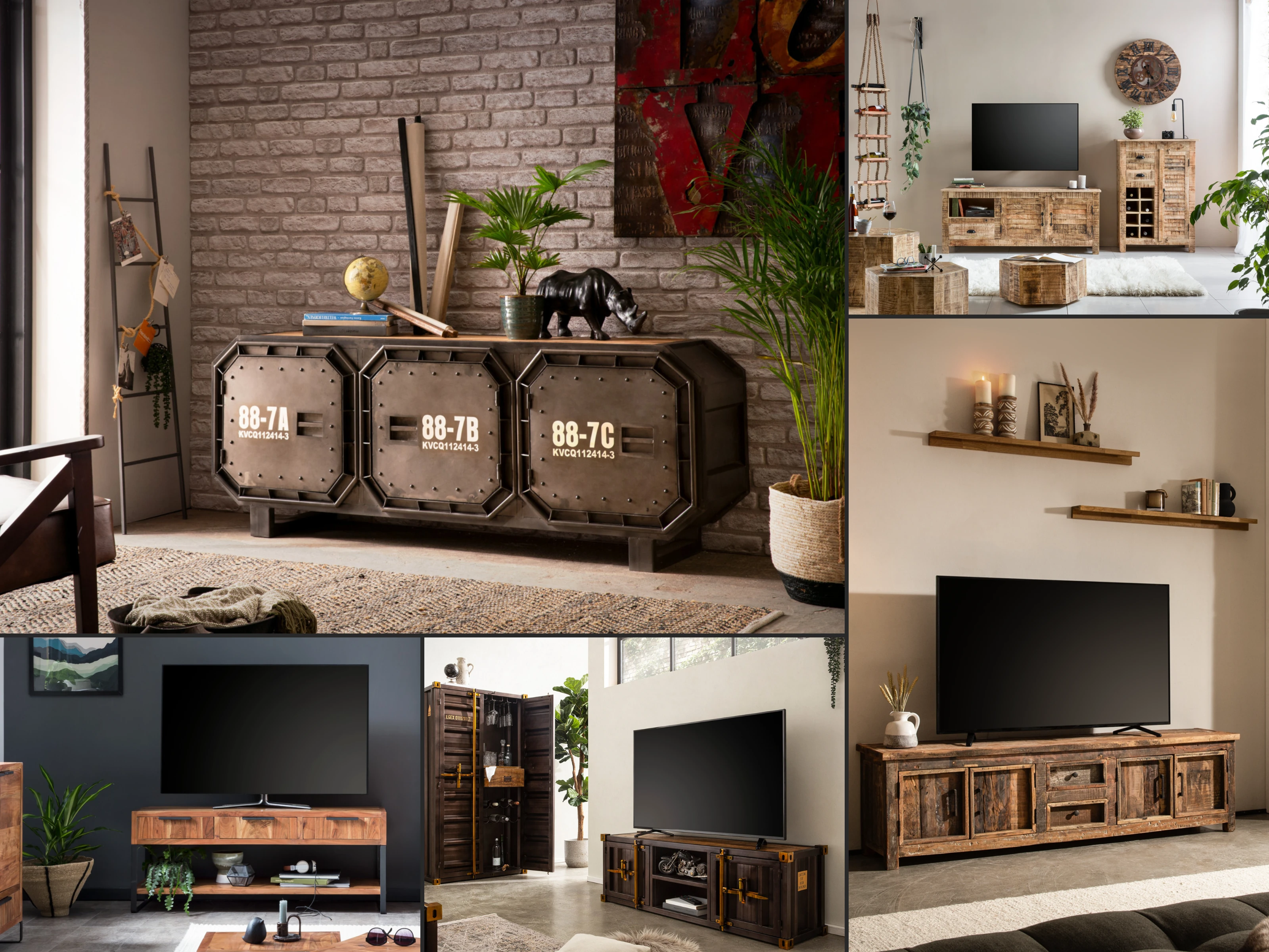 Modernes TV-Möbel aus Holz in Naturtönen, niedrige TV-Bank mit klarer Linienführung, Kombination aus offenen Fächern und Schubladen für Medienaufbewahrung, skandinavisch-minimalistisches Design