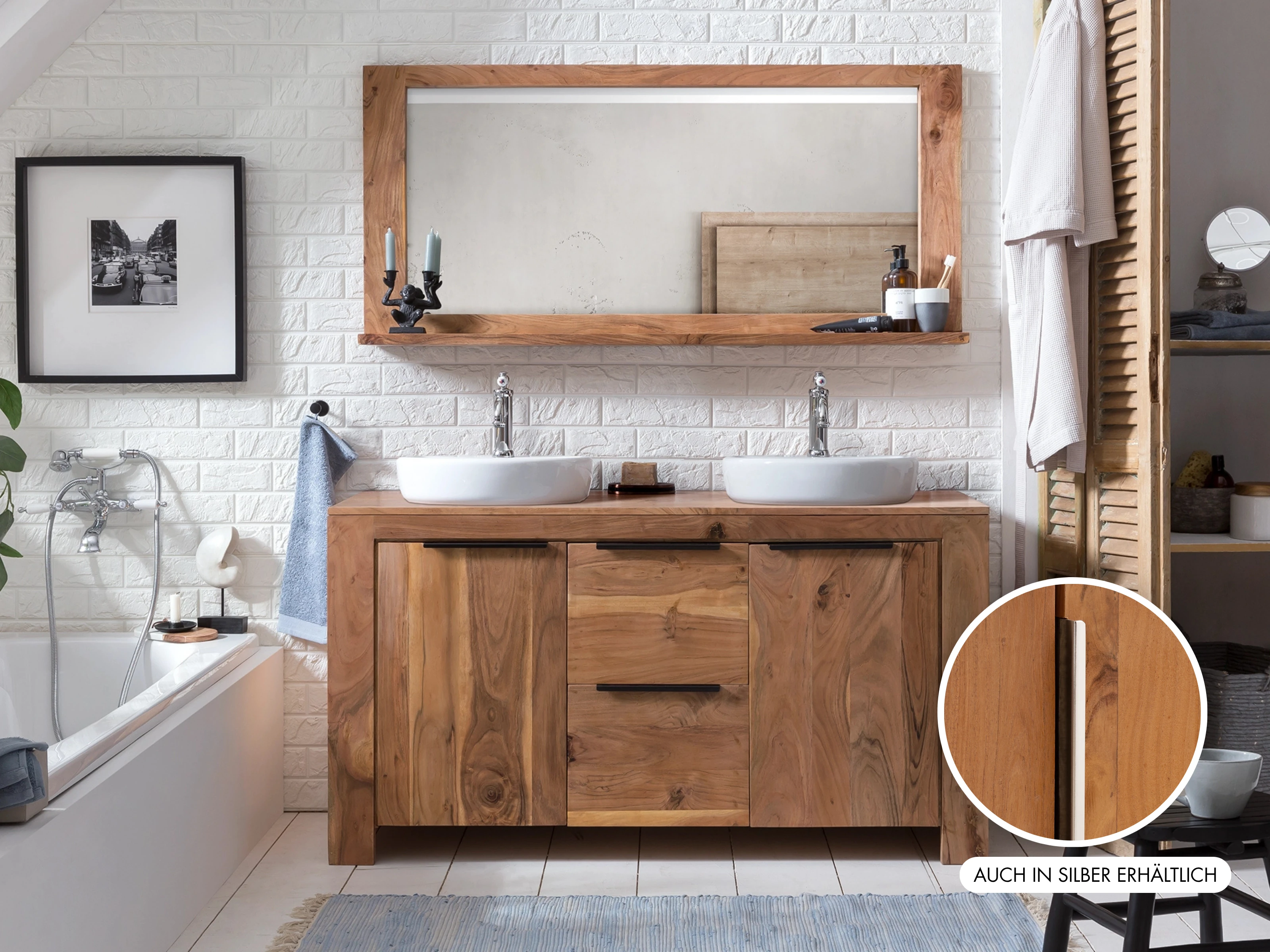 Badmöbel Set Osbon Akazie 2teilig - Metallgriffe Schwarz