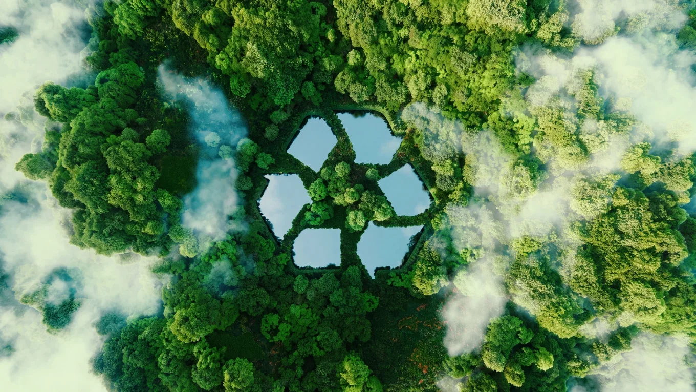 Luftaufnahme eines dichten grünen Waldes mit einem Recycling-Symbol in einer freien Fläche zwischen den Bäumen
