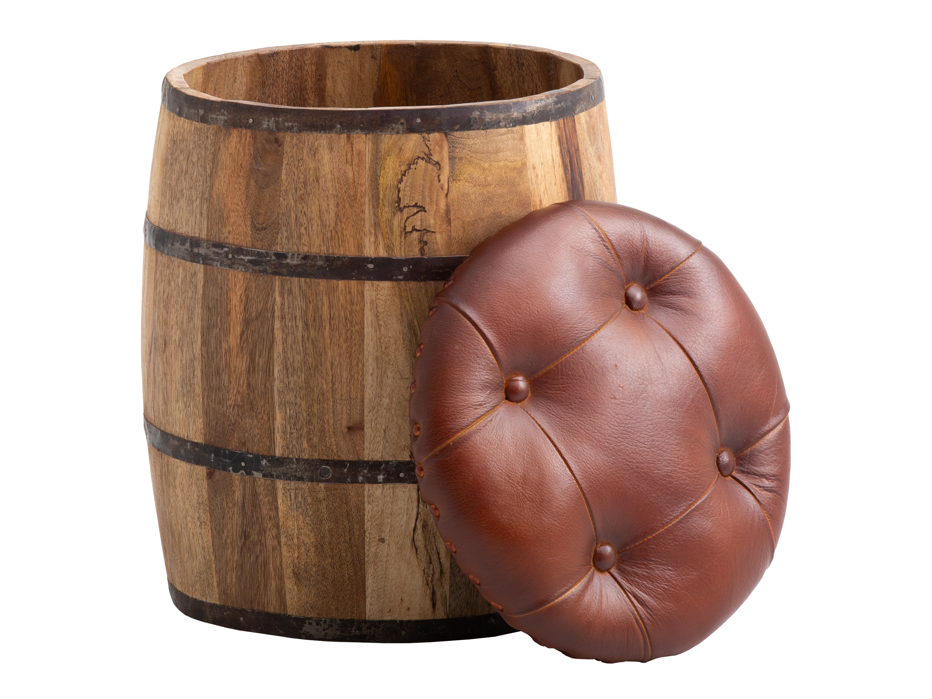 Holzfass Flip Sitzhocker mit Stauraum, abnehmbarem braunem Lederpolster, Freisteller 45°-Ansicht Holzfass Flip Sitzhocker mit Stauraum, abnehmbarem braunem Lederpolster, Freisteller 45°-Ansicht