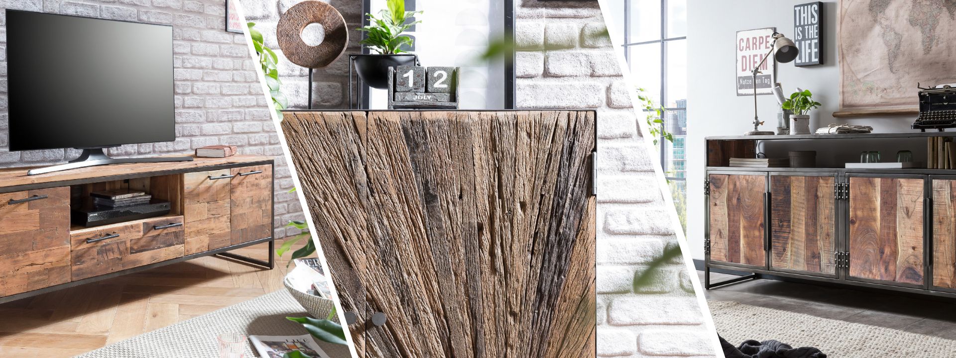 Loft-Wohnzimmer mit industriellem Flair, Holz- und Metallmöbeln, gemütlicher Sitzecke, großen Fensterfronten und warmem Licht.