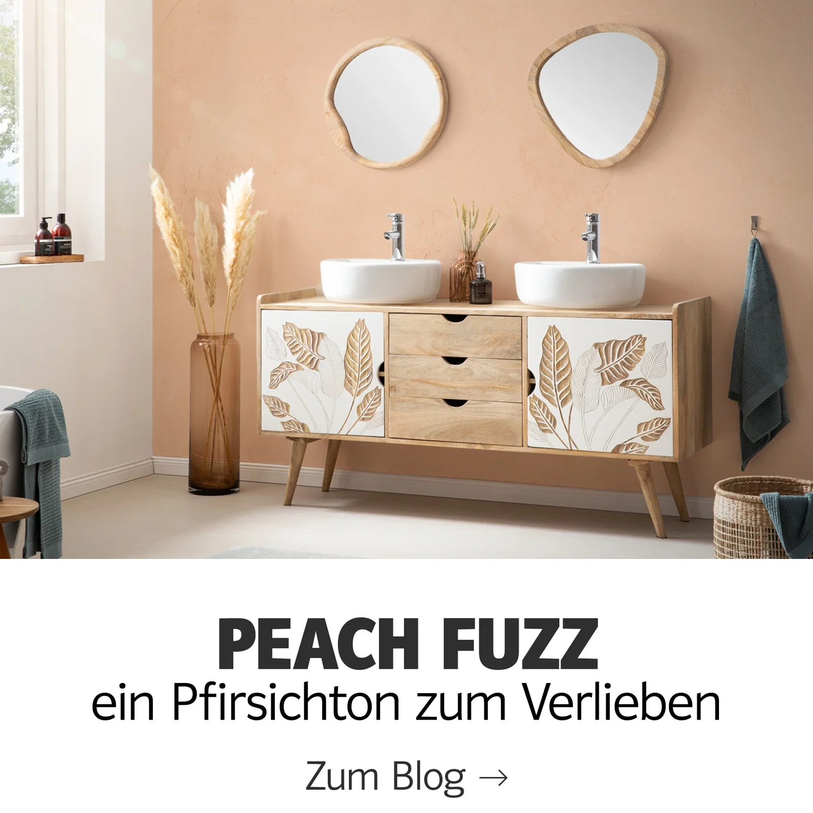 Kachelübersicht 'Peach Fuzz' – quadratische Kacheln in pfirsich-pastell, verschiedene Muster und Oberflächen für Boden/Wand