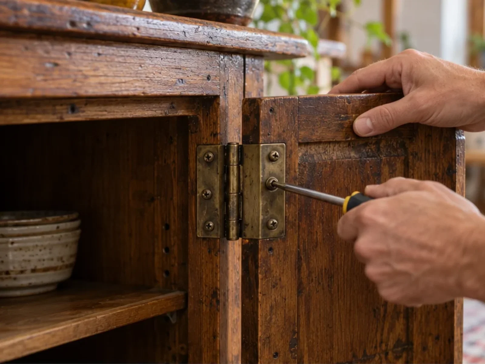 Eine Person zieht mit einem Schraubendreher eine Schraube am Metallscharnier einer geöffneten Holztür fest. Der braune Holzschrank zeigt deutliche Gebrauchsspuren.
