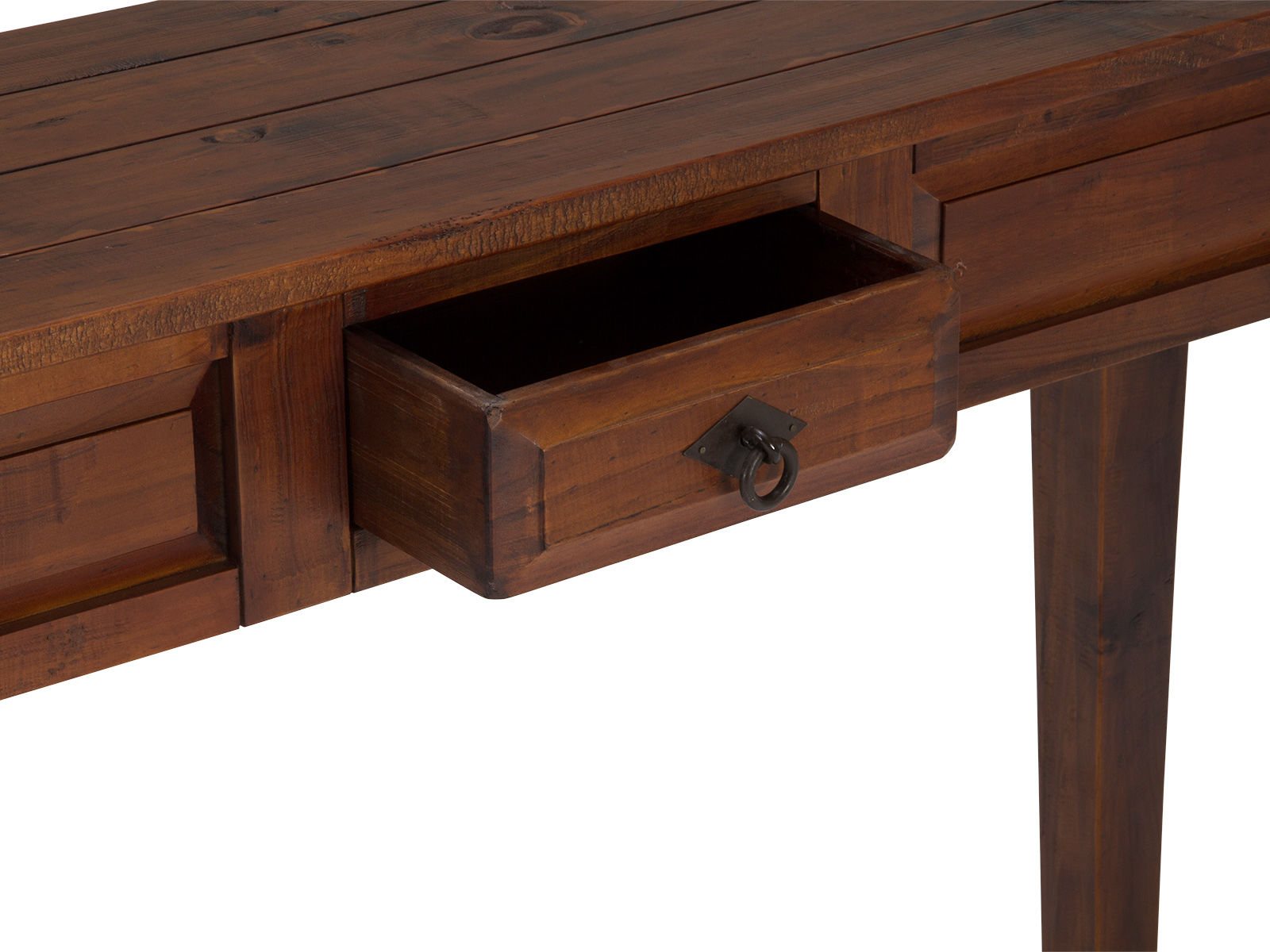 Freisteller-Detailansicht geöffneter Schublade des braunen Konsolentischs Catana (Pinie, lackiert) in 45°-Frontansicht, Maße 120×76×35 cm.