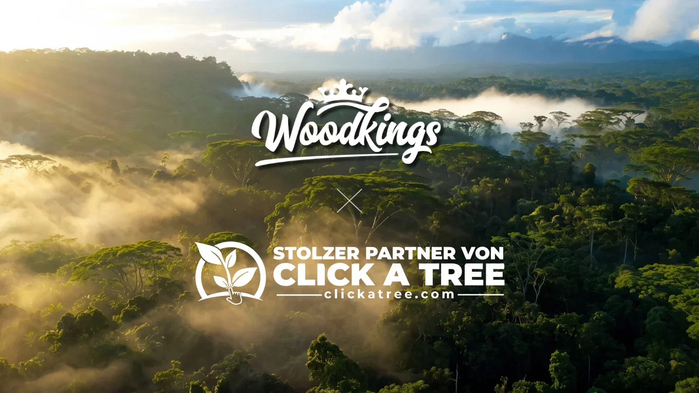 Woodkings- und Click-A-Tree-Logo vor einer grünen Waldlandschaft mit Nebel und Sonnenlicht