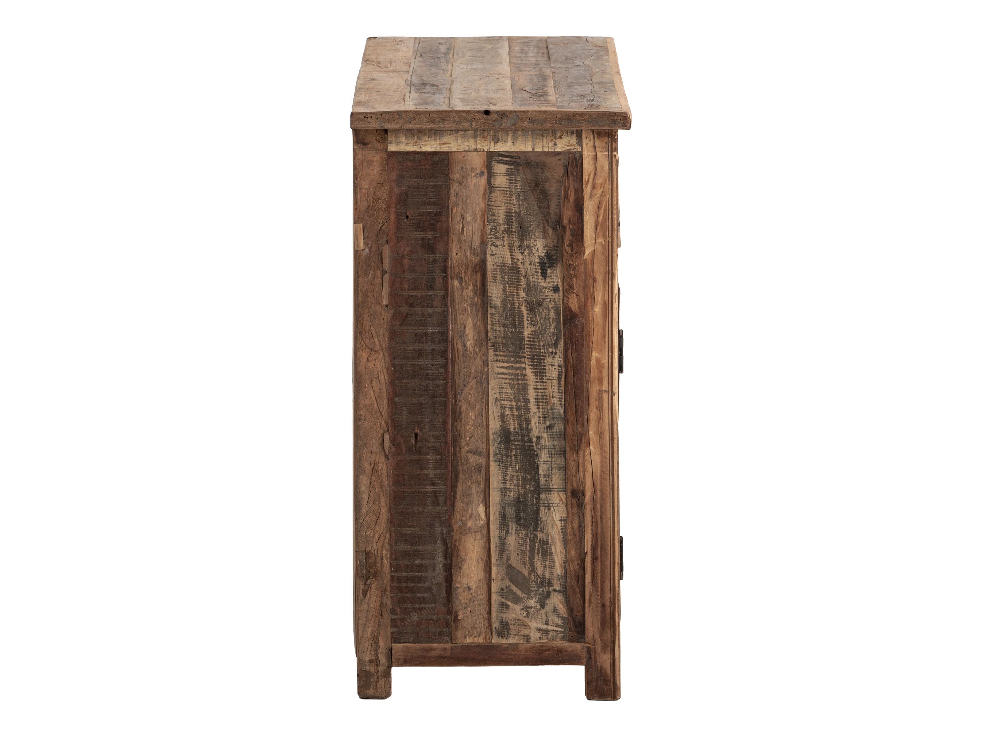 Freisteller-Seitenansicht des Sideboard Sumatra 3-türig mit 3 Schubladen (123×89×41 cm) aus braunem, unbehandeltem Altholz.