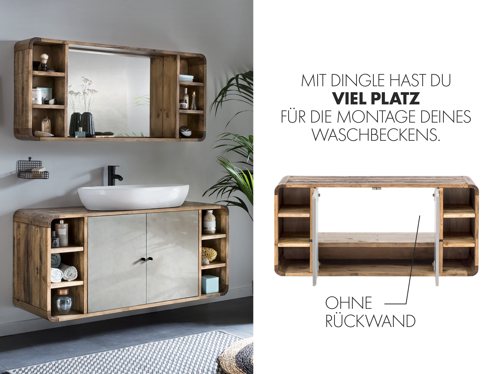 Moderner Waschtisch aus massivem Holz mit Aufsatzwaschbecken, warmer Holzton, minimalistisches Badambiente, matte schwarze Armatur.