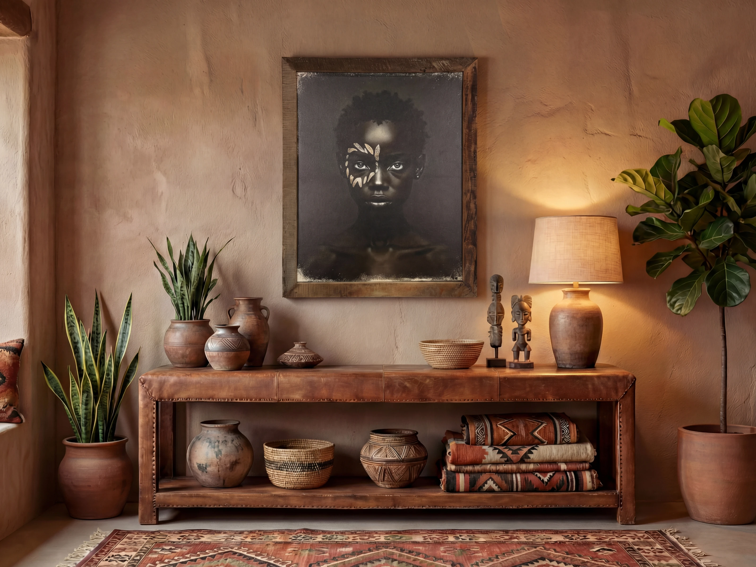 Frontansicht des Canvas Wandbilds ‘Silent Strength’ (70×90 cm) aus Altholz über rustikaler Konsole mit Vasen und Pflanzen.