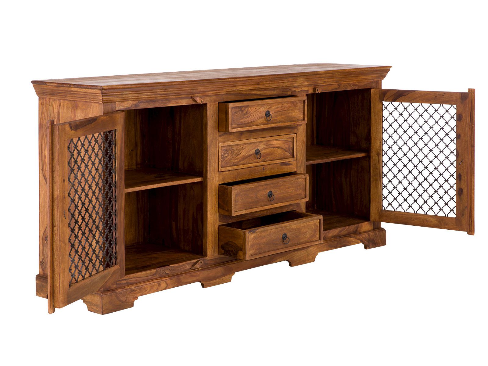 45°-Freisteller: Sideboard Merlino Akazie, lackiertes Akazienholz 178×85×43 cm, 2 offene Türen, 4 Schubladen