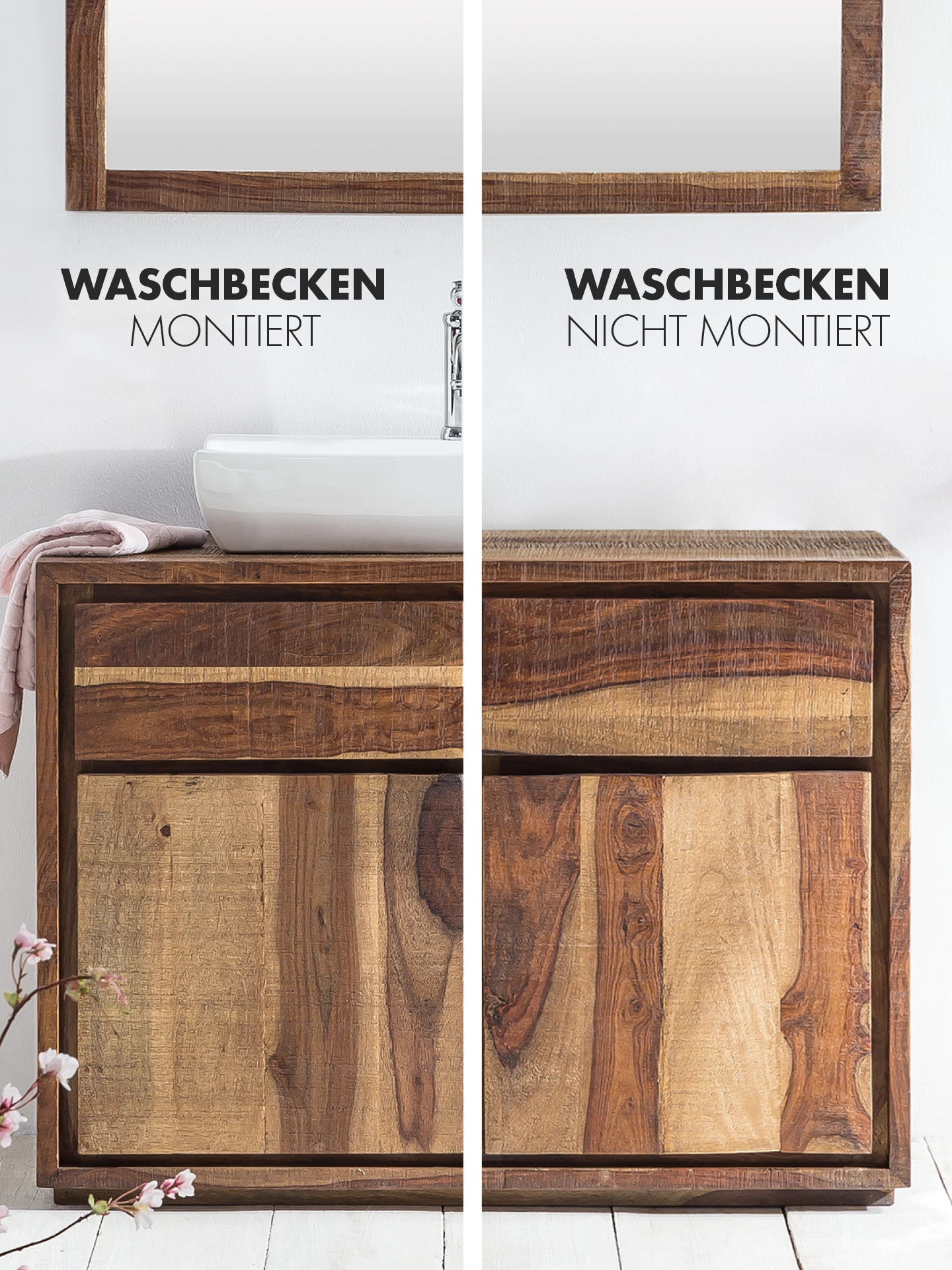 Moderner hölzerner Waschtisch mit Aufsatzbecken und Armatur in warmem Badezimmerambiente, minimalistisches Design