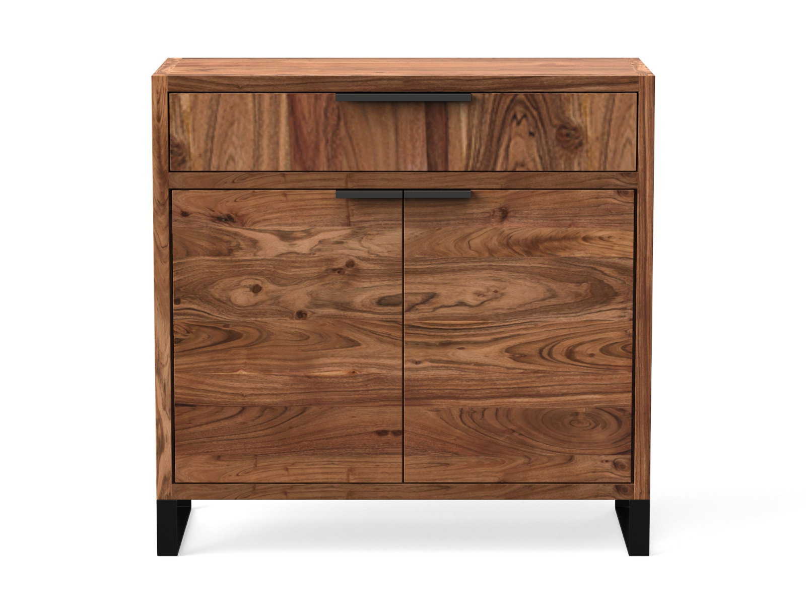 Flurmöbel Set Sydney aus hell lackierter Akazie, braunes Sideboard mit Schublade und Doppeltür, Frontansicht als Freisteller