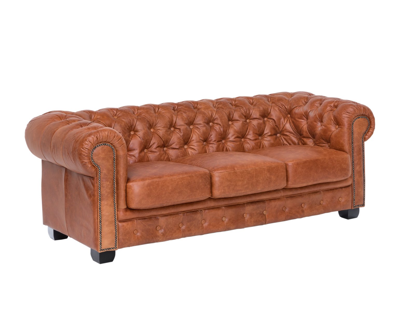 Sofa Chesterfield 3-Sitzer Echtleder vintage cracker 200x72x90 Schrägansicht