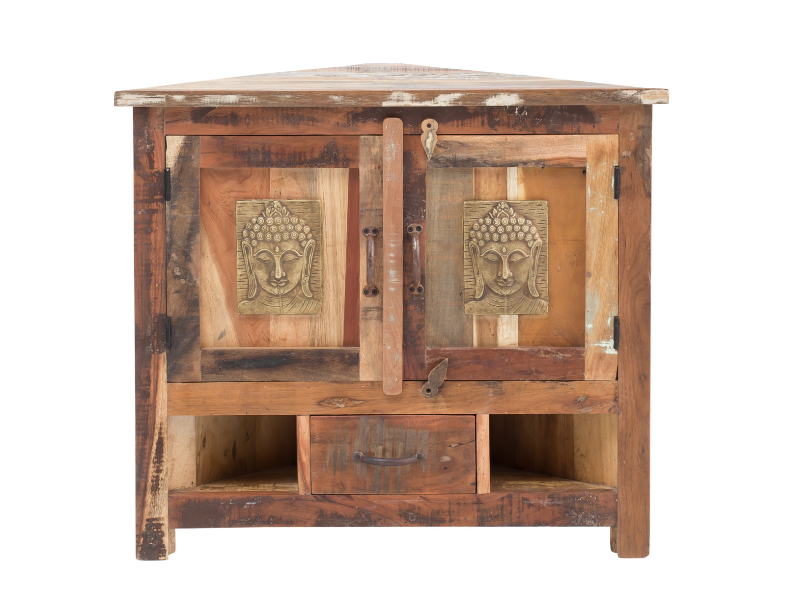 Frontansicht Freisteller: Badmöbel Set Sumana III aus lackiertem Holz, 2 Türen, 1 Schublade mit Buddha-Relief – Badschrank.