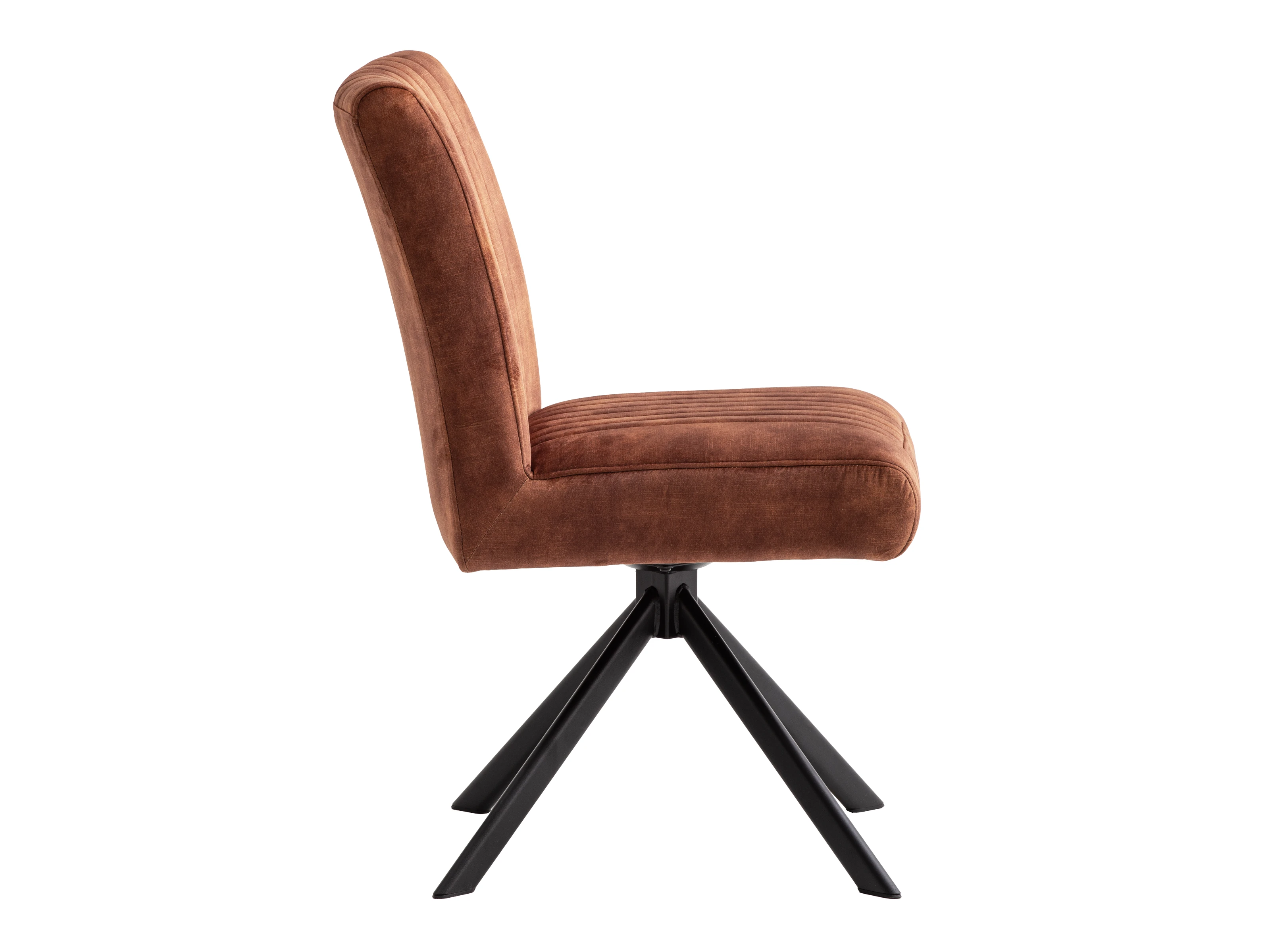 Brauner Stuhl Canton (48×86×55 cm), Polyesterbezug, lackiertes Metallgestell, Seitenansicht Freisteller – gepolsterter Esszimmerstuhl Brauner Stuhl Canton (48×86×55 cm), Polyesterbezug, lackiertes Metallgestell, Seitenansicht Freisteller – gepolsterter Esszimmerstuhl