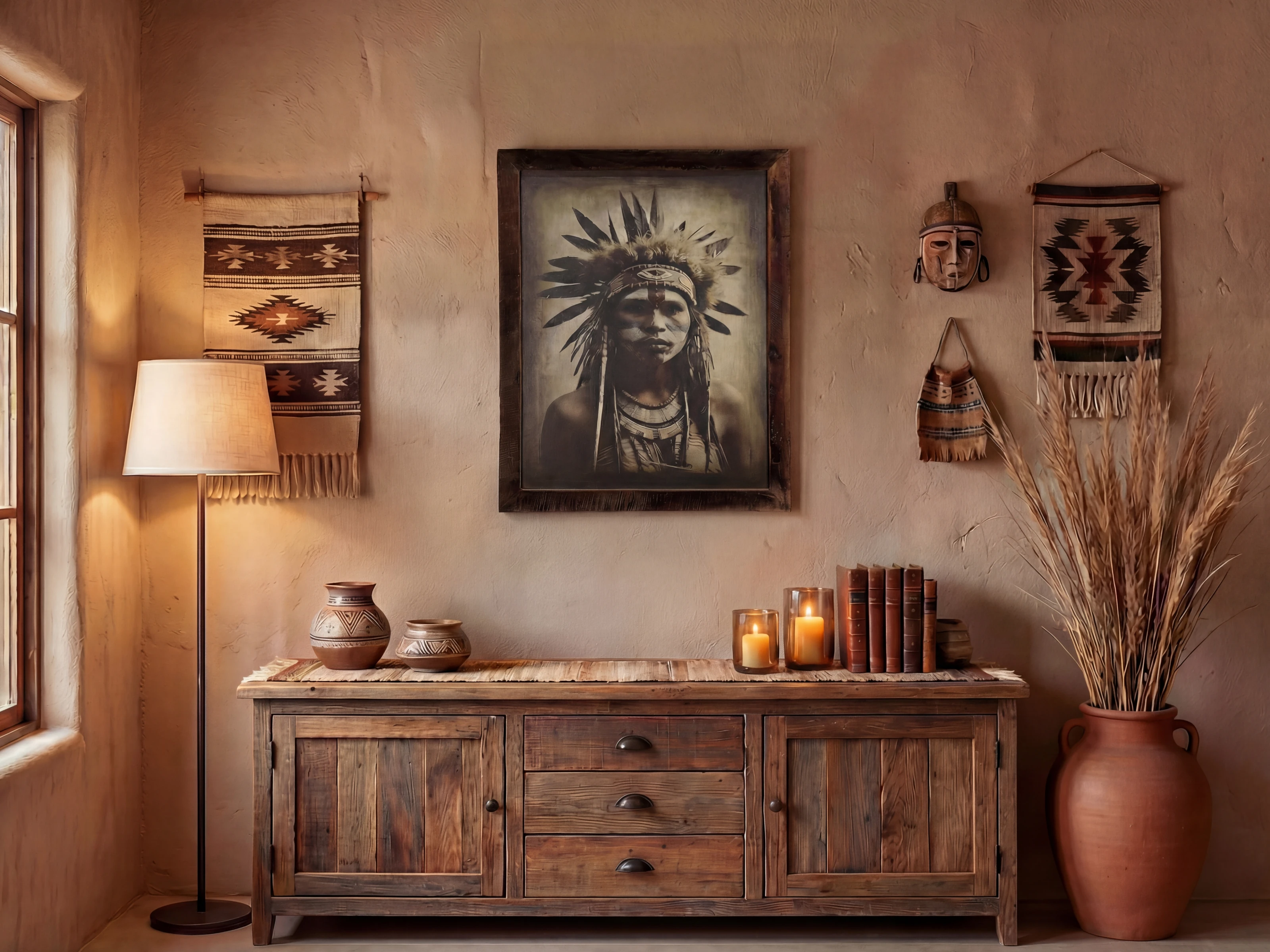 Wohnbeispiel: Rechteckiges Canvas-Wandbild „Heritage“ 70×90 cm mit Altholzrahmen in Frontansicht über rustikalem Sideboard.