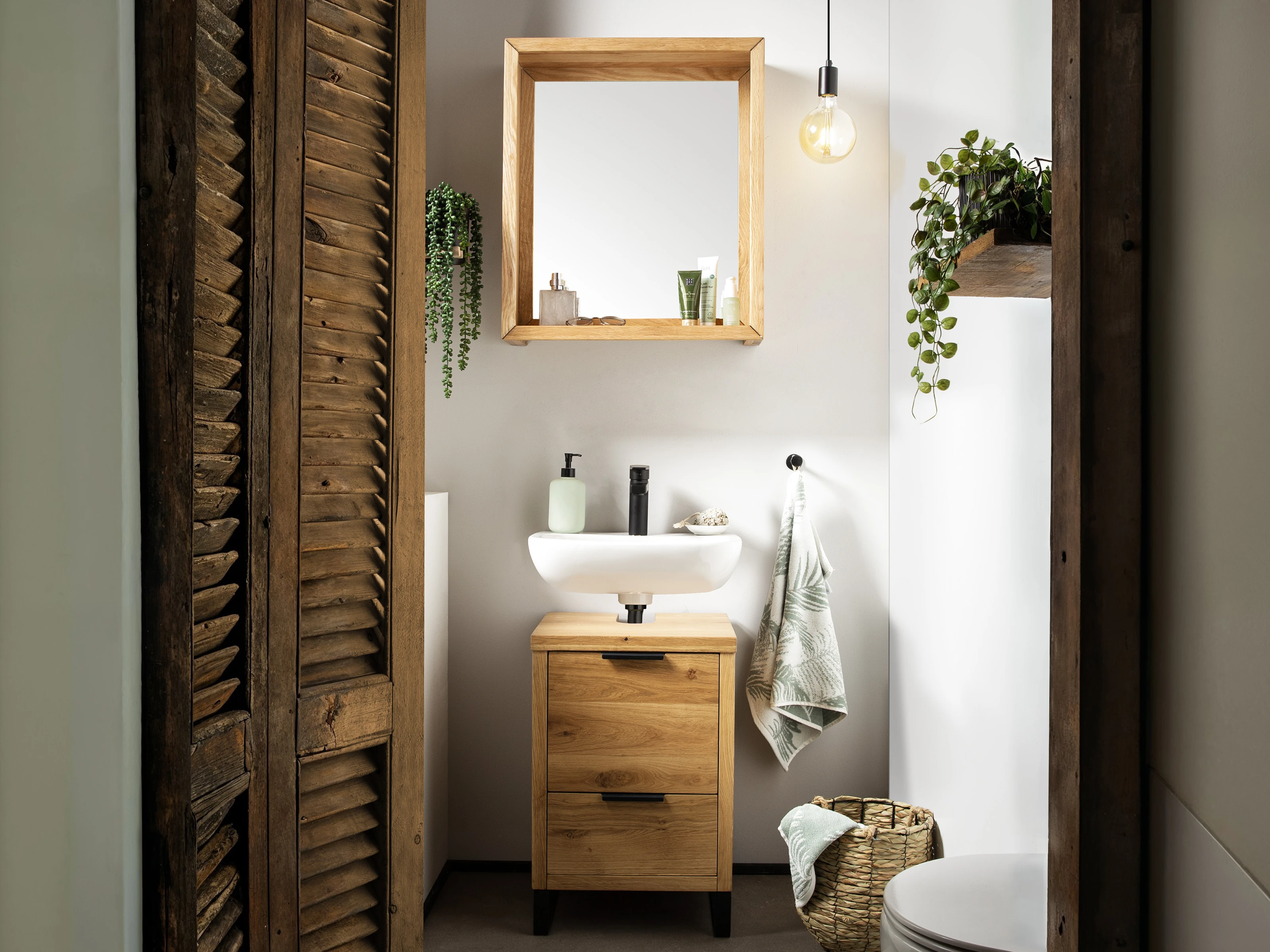 Ambienteaufnahme des Woodkings‑Möbelstücks „Sydney“ aus warmem Massivholz im modernen Wohnzimmer, dekorativ mit Accessoires und grüner Zimmerpflanze