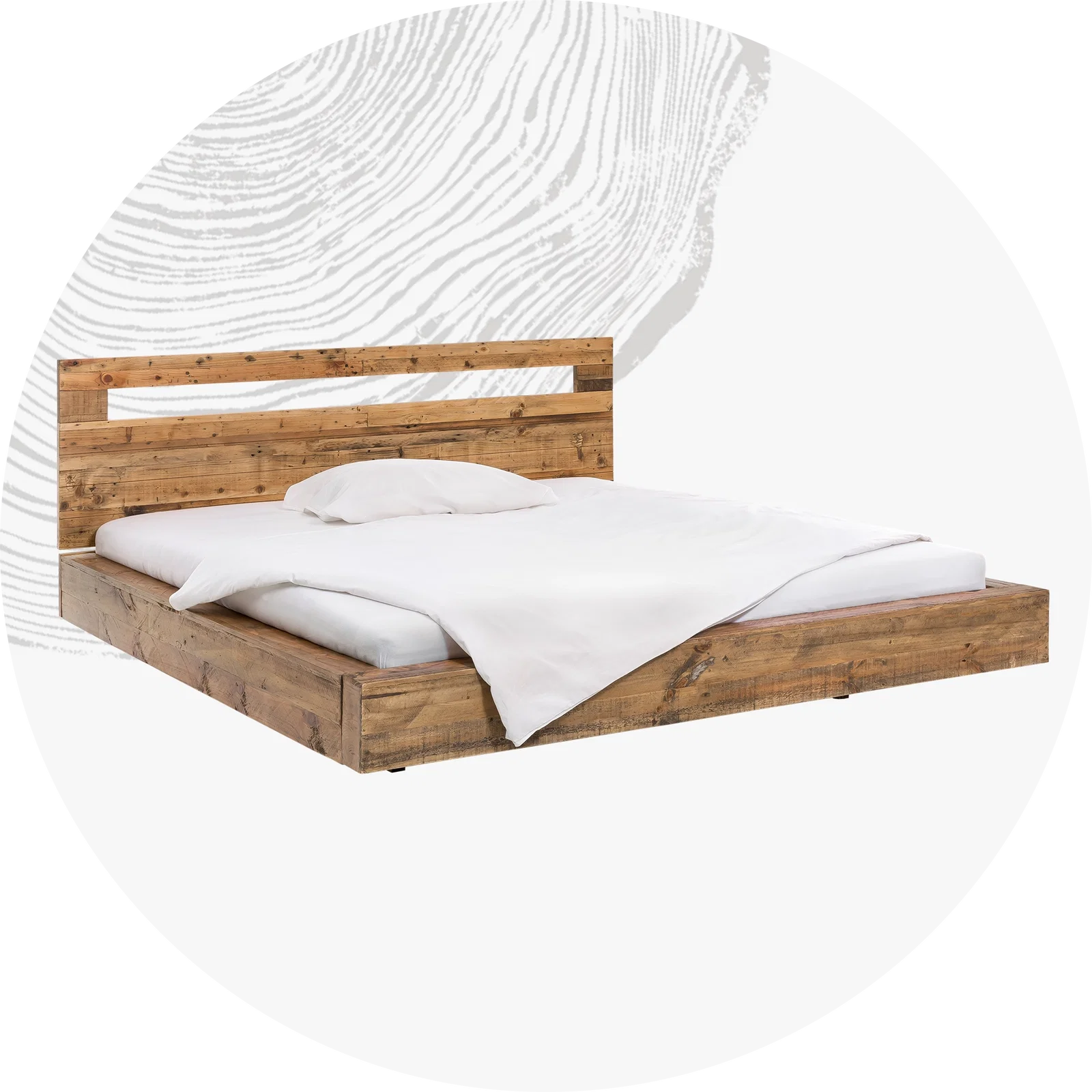 Modernes Bett in heller Schlafzimmer-Inszenierung mit Holzrahmen, neutralen Textilien und ruhiger, skandinavischer Atmosphäre