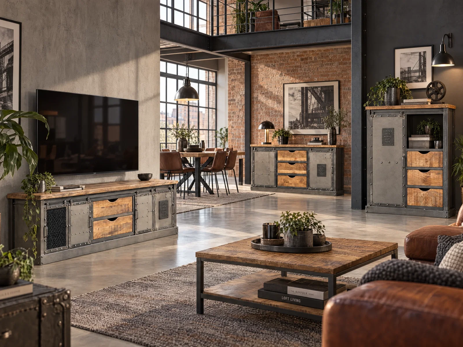 Wohnzimmer im Industrial Style mit Ripon Möbeln aus Mangoholz und grauem Metall