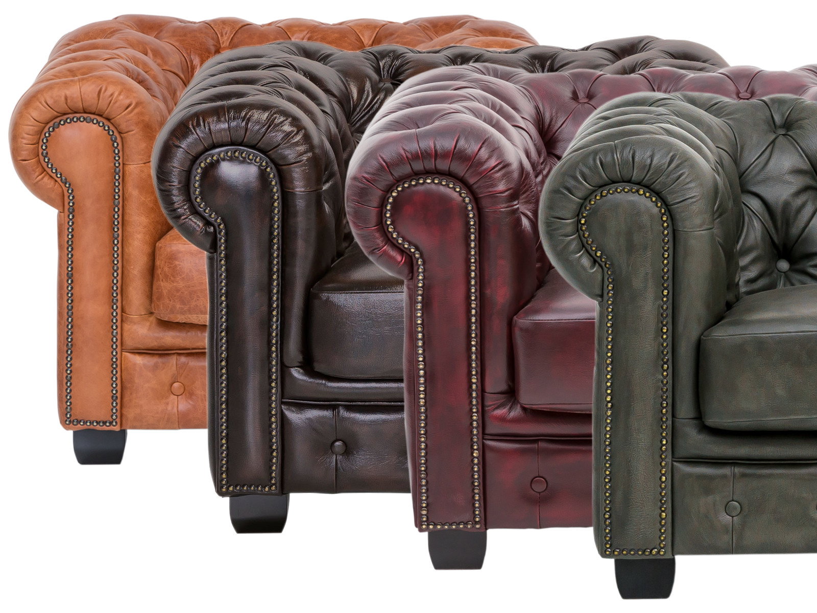 Freisteller 45°-Ansicht mehrerer Chesterfield Echtleder-Sessel in Braun, Schwarz, Rot und Grün, detailreiches Produktbild für Online-Möbelshop.