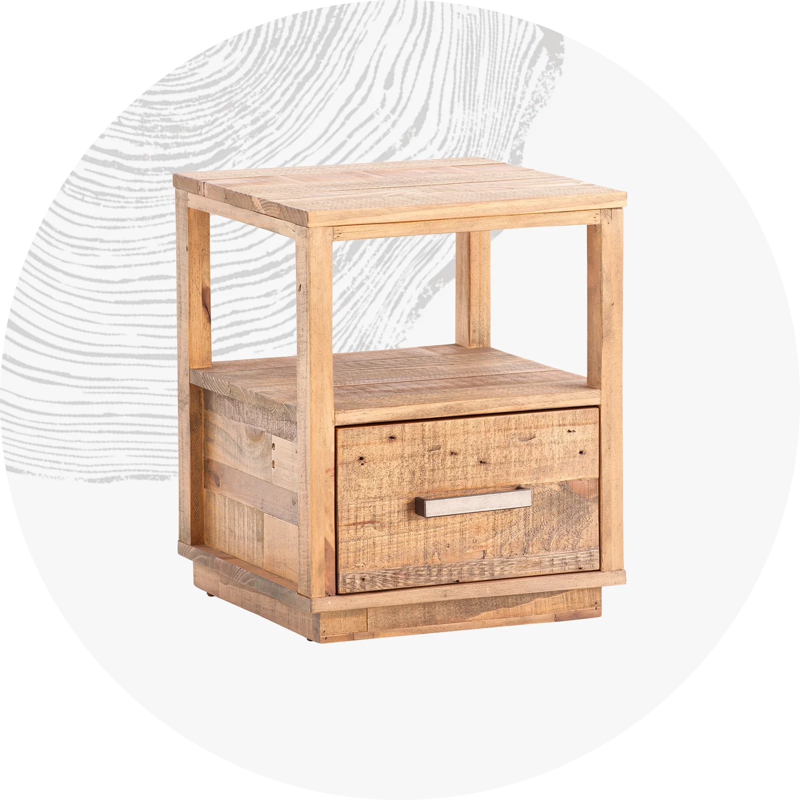 Moderner Nachttisch aus Holz mit Schublade, minimalistisches Design in hellem Holzfinish auf neutralem Hintergrund.