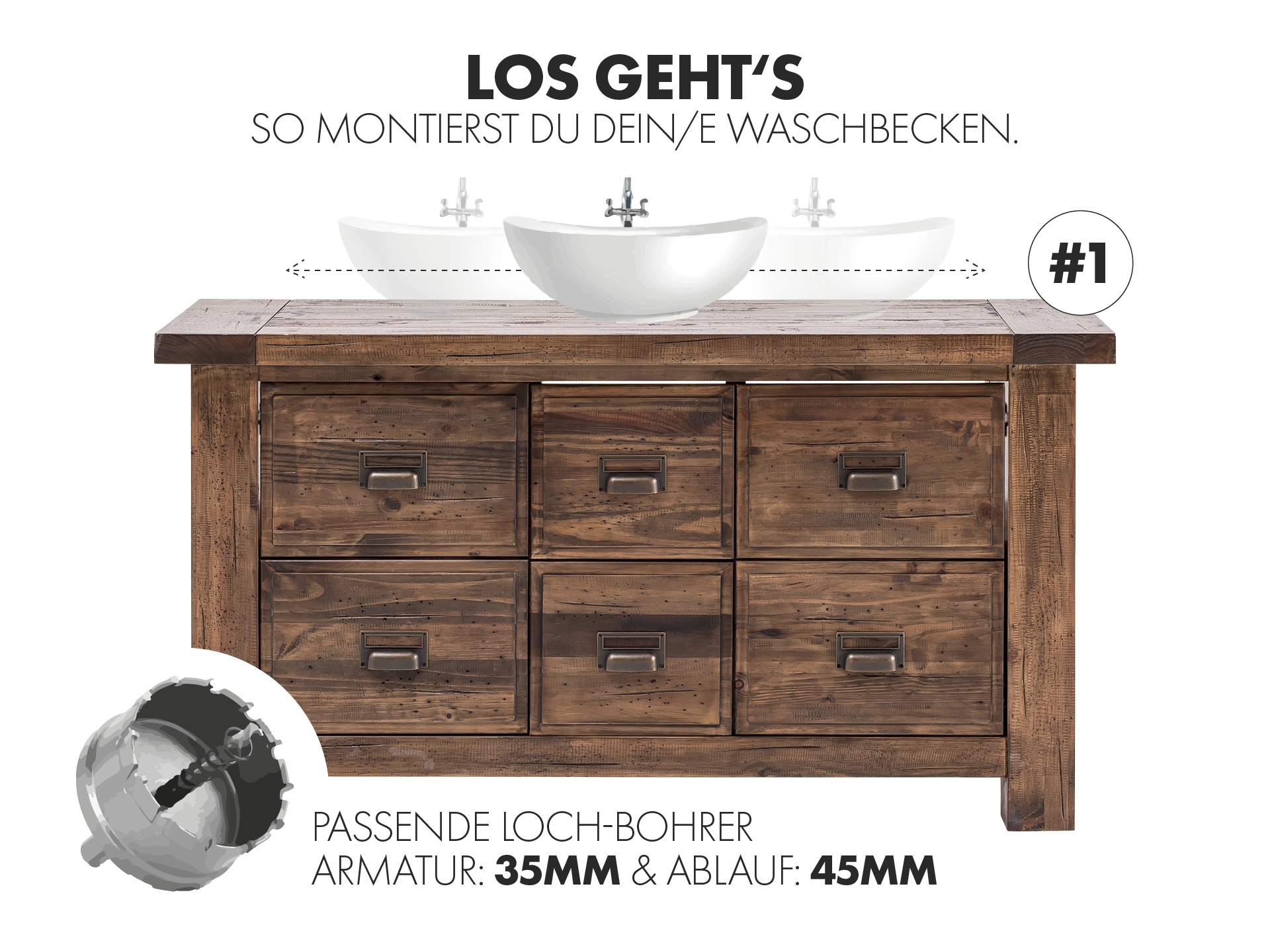 Moderner Holz-Waschtisch mit Aufsatzwaschbecken, schlanker Armatur und Spiegel in warmem Badezimmer-Ambiente