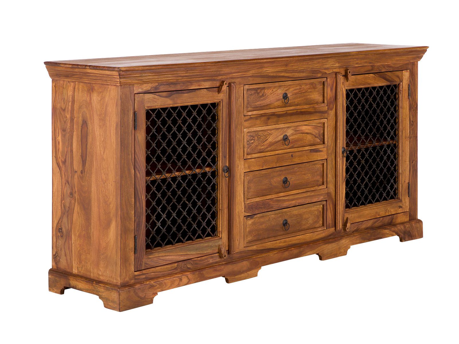 Freisteller 45°-Ansicht: Sideboard Merlino Akazie, braun lackiert, 2 Gittertüren, 4 Schubladen