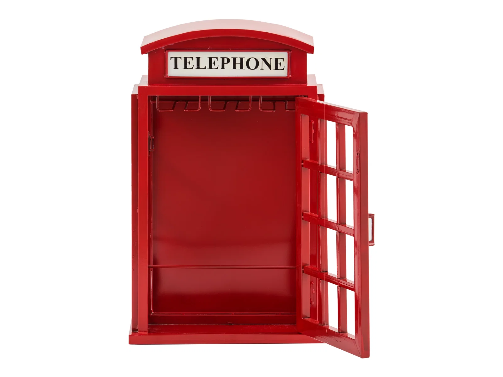 Roten Telefonzellen-Barwandschrank aus Metall, Freisteller in Frontansicht geöffnet, mit rechter Tür, lackierte Oberfläche, modernes Vintage-Design.