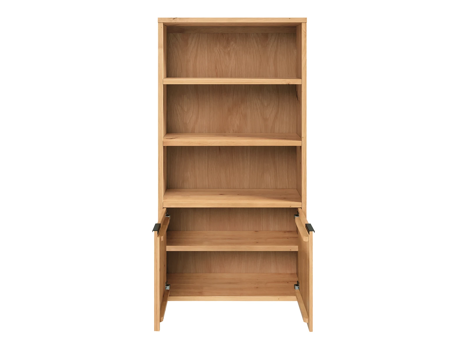 Fehler im Befehl: Falsche Syntax in der Nähe von "Sydney". Frontansicht Freisteller mit geöffnetem Schrank: Wohnwand „Sydney Wildeiche“ aus geölter, brauner Wildeiche mit vier offenen Regalfächern und unterem Schrank mit Doppeltüren.