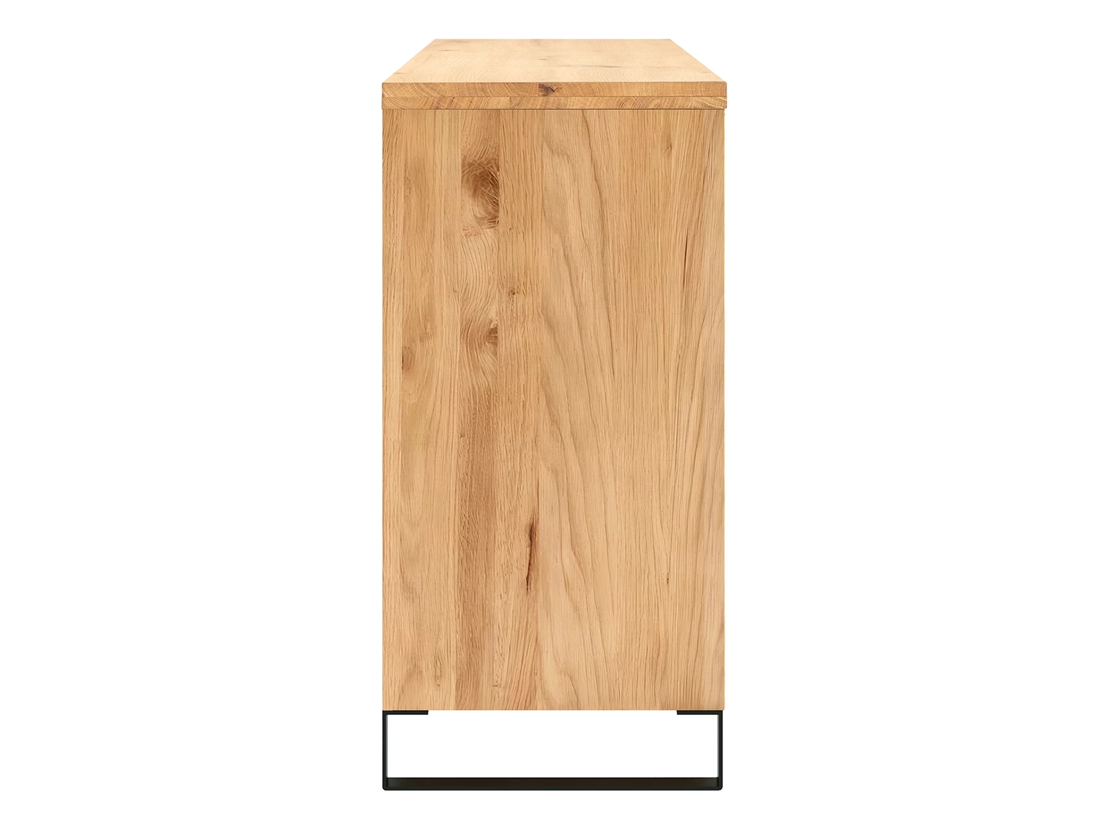 Freisteller-Seitenansicht des Sideboards Sydney 160 cm aus geölter Wildeiche mit schwarzem Metall-Sockelgestell.