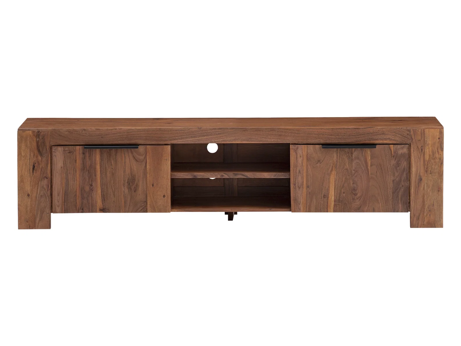 TV-Bank Osbon aus lackierter Akazie, braun, 200×48×45 cm, Freisteller Frontansicht mit 2 Türen und 2 offenen Fächern