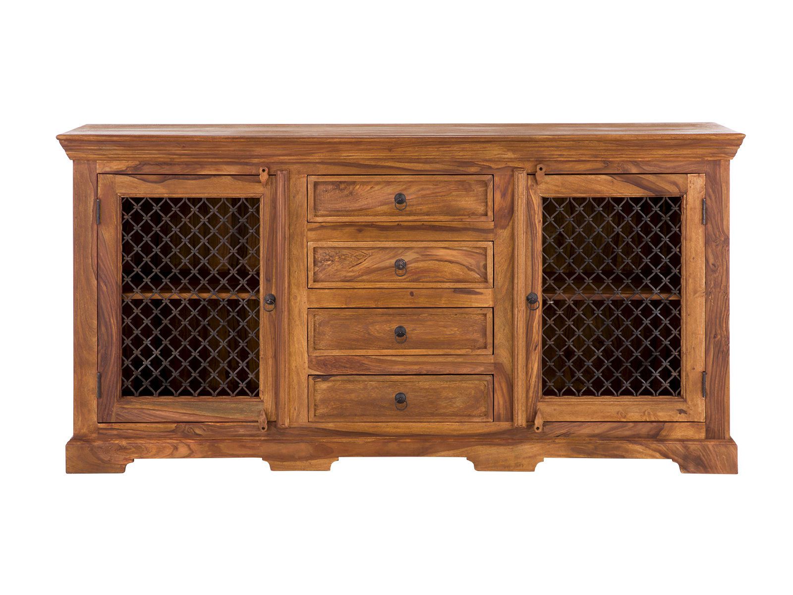 Sideboard Merlino Akazie, Freisteller-Frontansicht, 2 Gittertüren, 4 Schubladen, lackiertes Akazienholz, 178×85×43 cm, braun