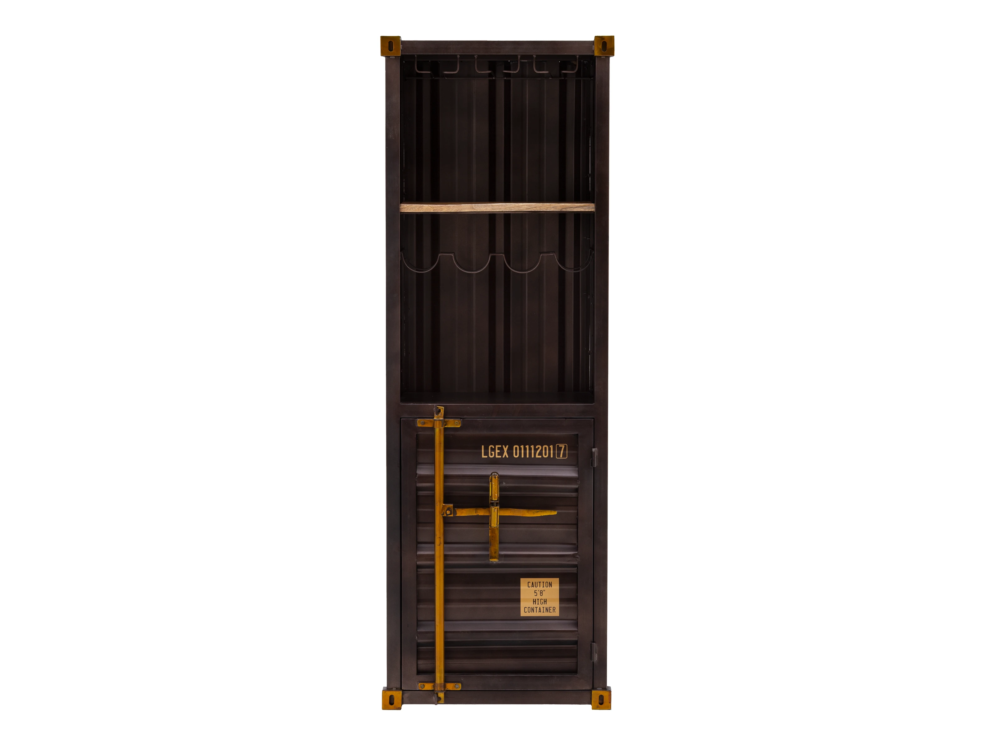 Freisteller-Frontansicht Barregal/Hochschrank Cargon: braun Metall-Mango-Holz, 60×177×40 cm, 1 Tür rechts, Weinregal